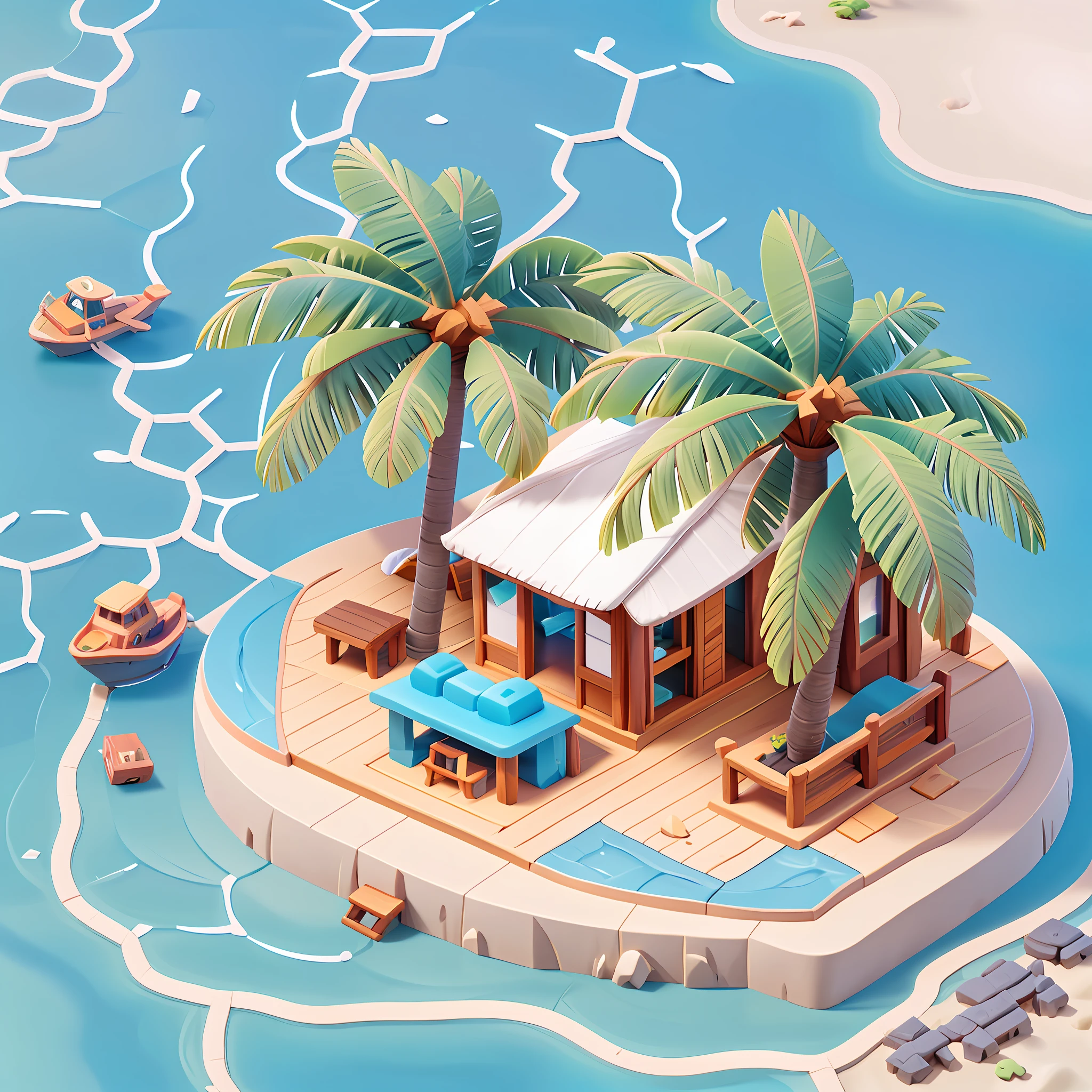 Beach,houseboatcoconut tree, Game Asset style in a low poly modelisometric tilt-shift, 16bit pixel arttrendy IP by pop mart mockup, blind box toy, fine luster, white background, 3D render ocrender, 4k, best quality, ultra detailed