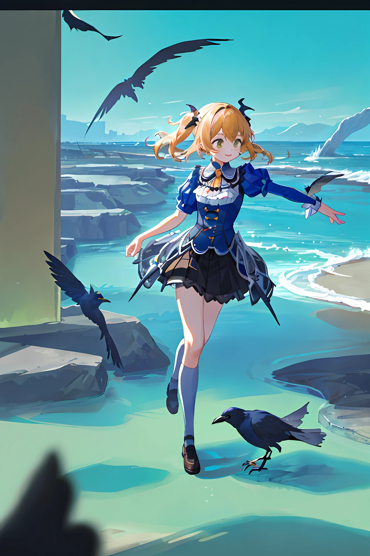 Females and mothers on the seashore have flocks of birds flying.