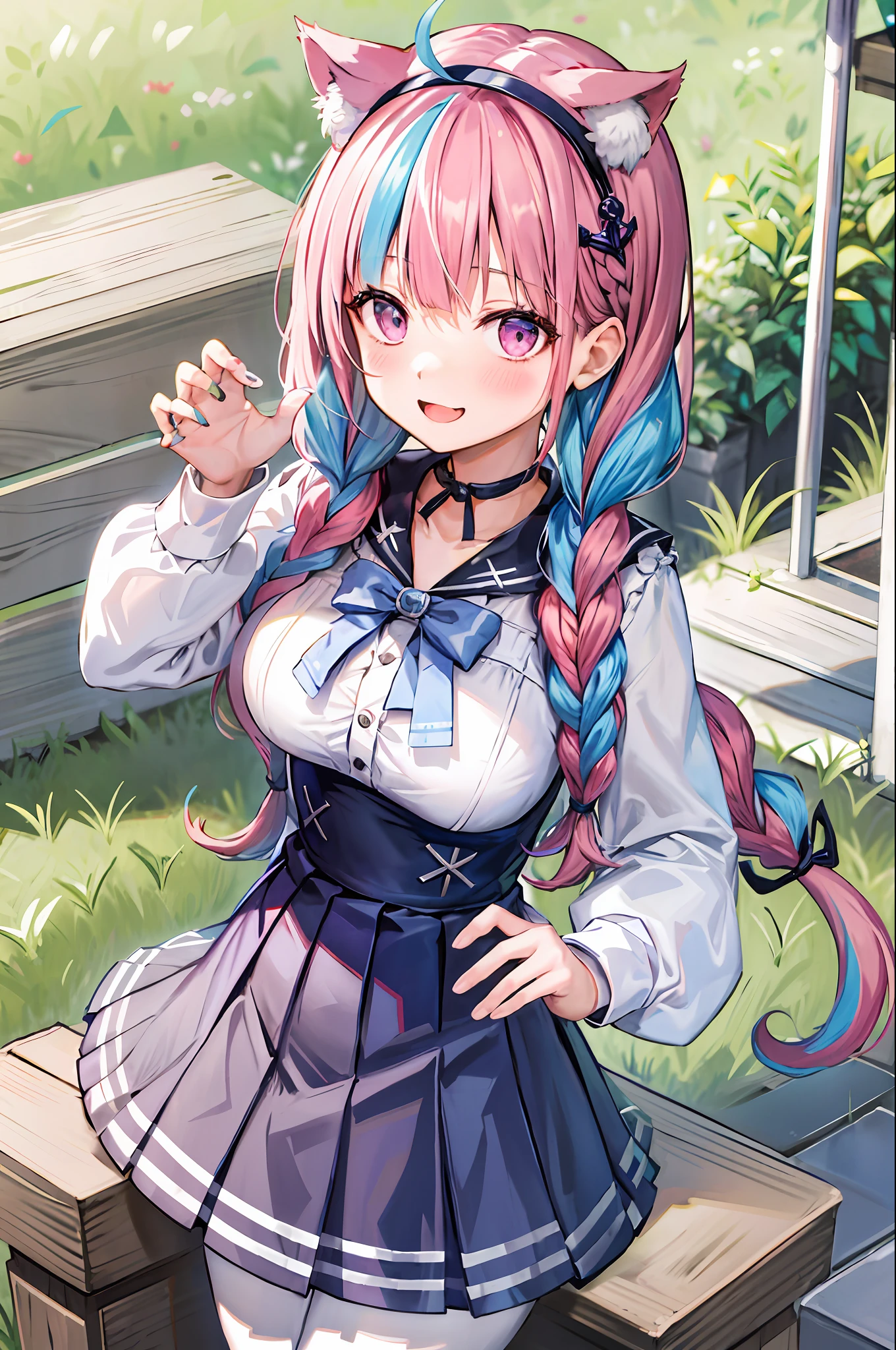 masterpiece, best quality, high resolution, side light, 1girl, minato aqua, virtual youtuber, tail, animal ears, cat ears, long hair, purple eyes, braids, ahoge, cat tail, skirt, multicolored hair, double braids, Blue hair, two-tone hair, headband, tailpiece, tailband, pink hair, anchor hairpiece, ribbon, sailor collar, school uniform, pleated skirt, bow, catwoman, double ponytail, big breasts, bangs , upper body, cafe, smile,