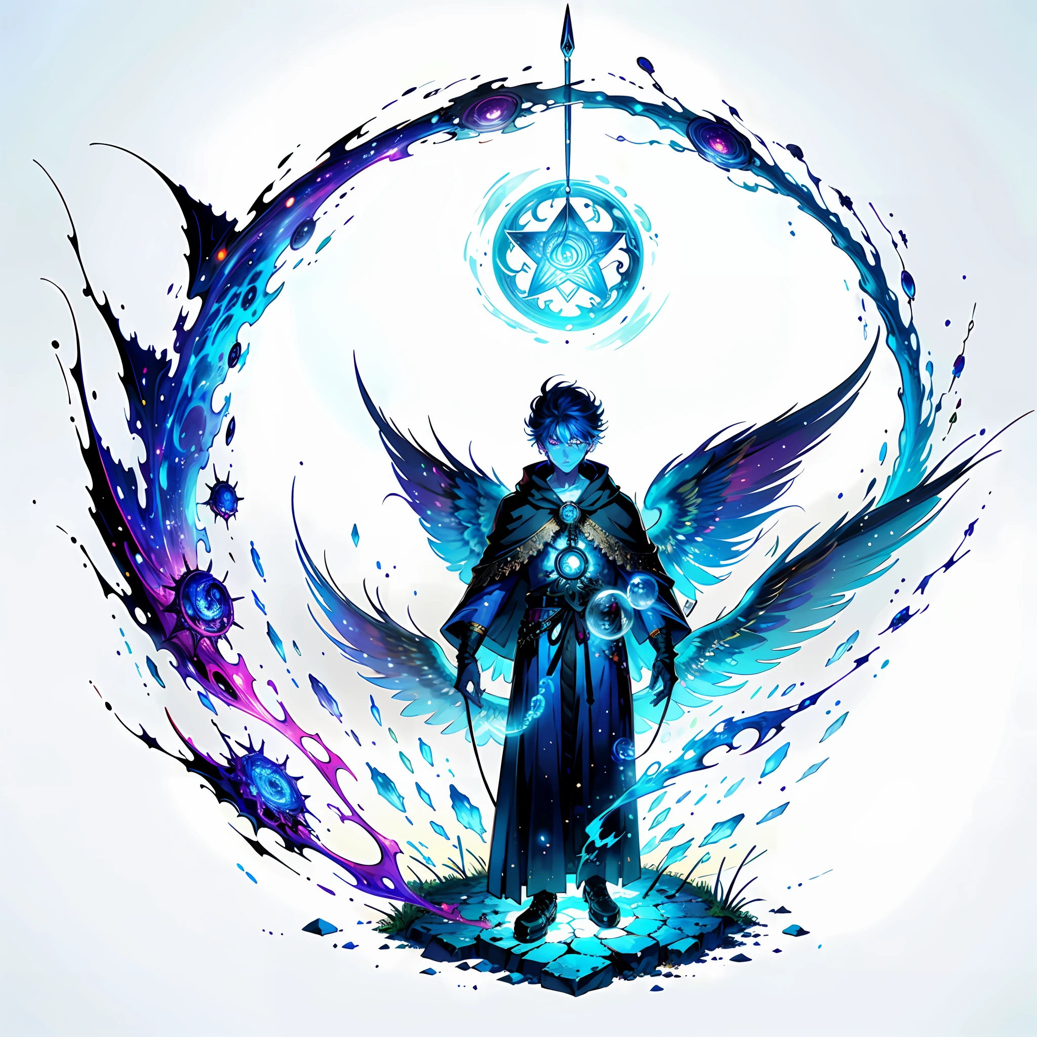 (((best quality))),(((ultra detailed))),(((masterpiece))),illustration, A stunning artwork featuring a mysterious wizard standing in an environment full of magic, surrounded by energy and an unknown sense of terror. He holds a wand and is surrounded by books, while colorful pages flying around him creating a mesmerizing scene. Blue flames burst from his magic circle, while pentagrams and spells float around him, suggesting he has endless magical wisdom and power. This artwork is perfect as a wallpaper and is a true work of art, featuring intricate details, sharp focus, and vibrant colors.