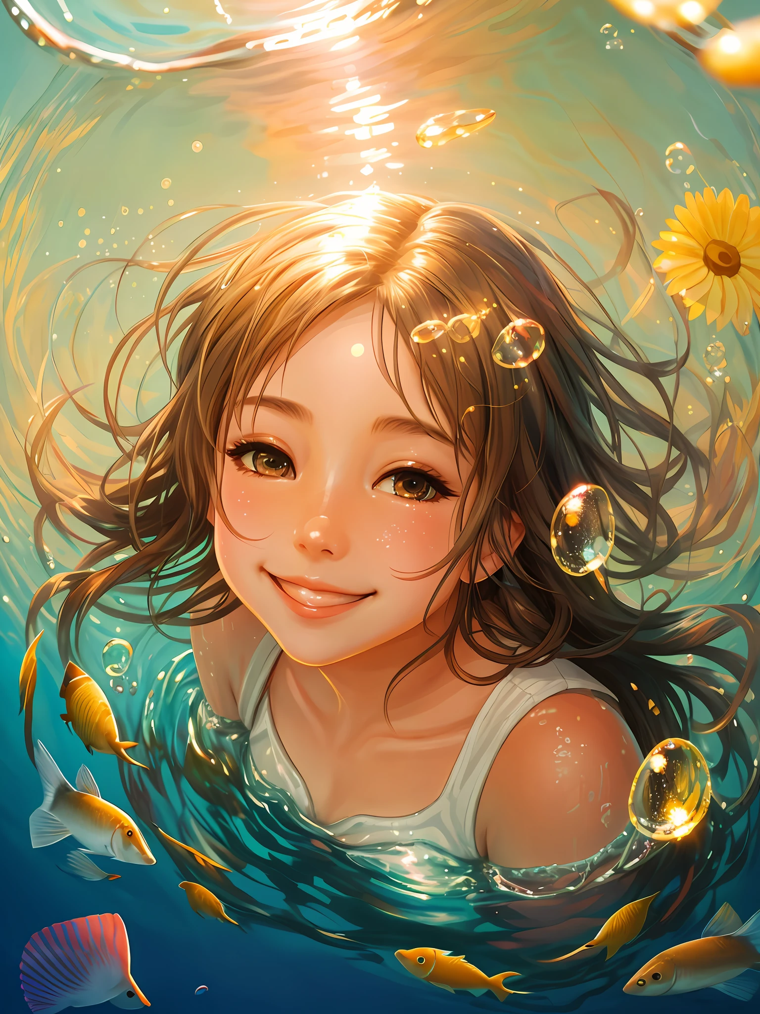 There is a girl swimming in the water, happy smile, sunny face, innocent girl, big, lots of blisters, bubbles, a lot of fish, cute digital painting, beautiful digital artwork, realistic effect, high texture