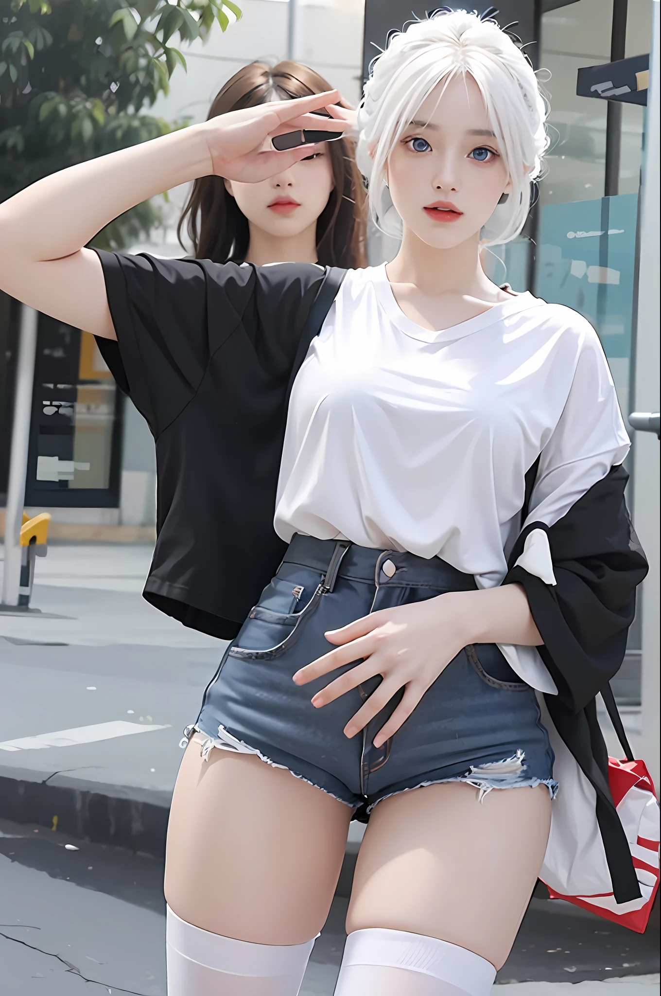 photorealistic, high resolution, 1 girl, white hair, korean, blue eyes, white shirt, skimpy tight black shorts, thick thighs