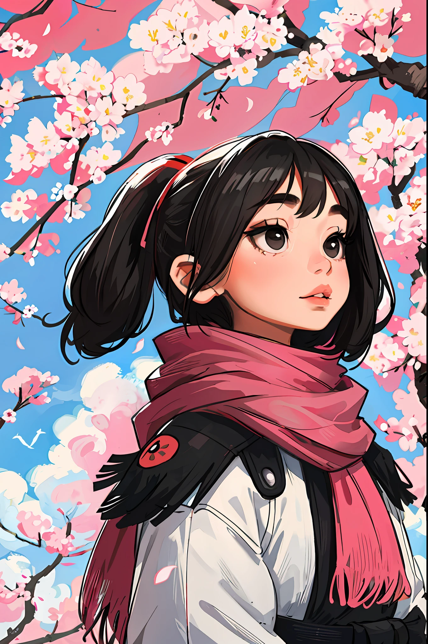 sam yang, 1girl, bird, black eyes, black hair, portrait, cherry blossoms, lips, long-tailed tit, looking up, medium hair, scarf, solo, ((masterpiece))