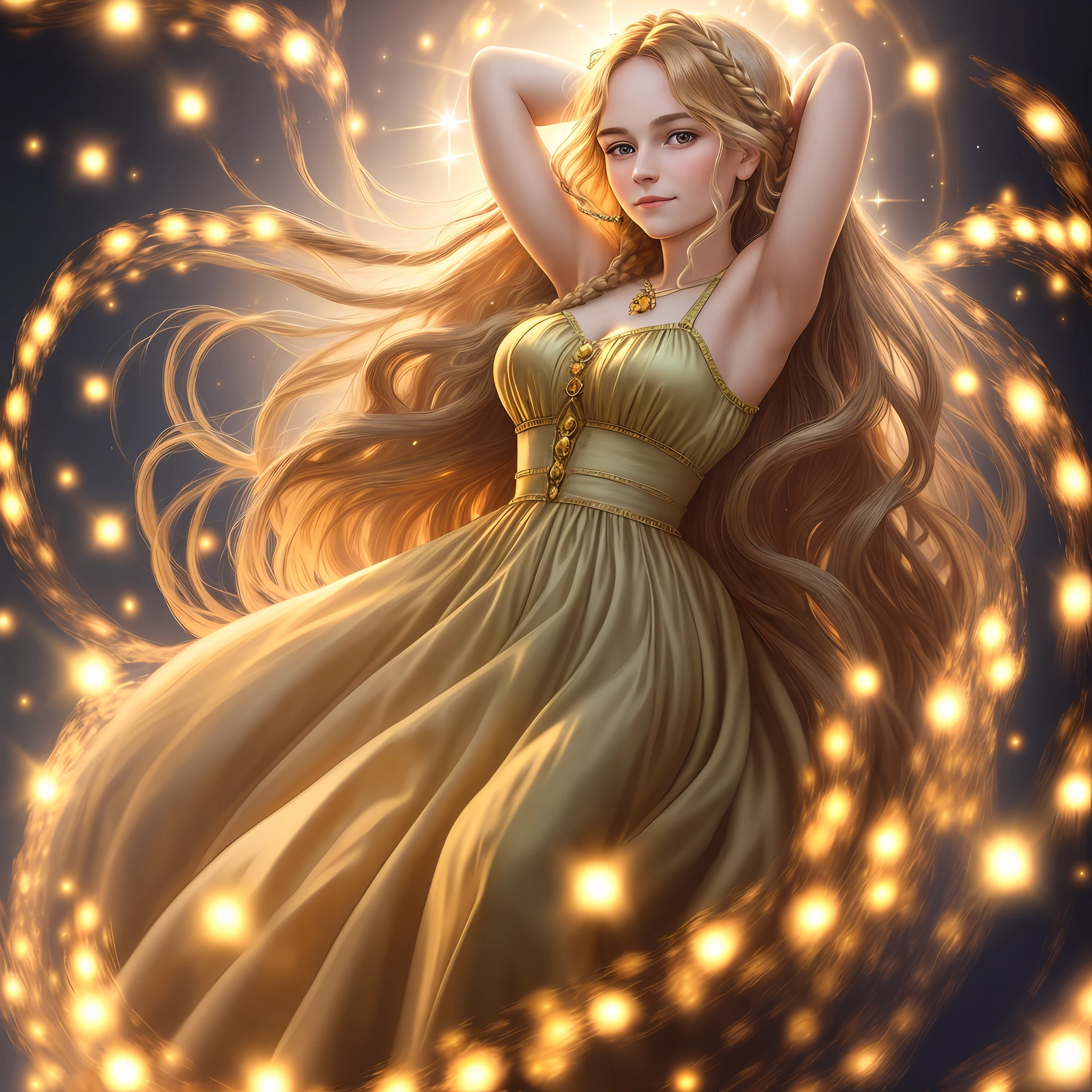 best quality, masterpiece, upper body,
(adult:1.6) hungarian woman, (smirk:0.4), arms behind head,
braided golden hair,
sparkling eyes,
victorian sundress,
 floating light particles, centered,