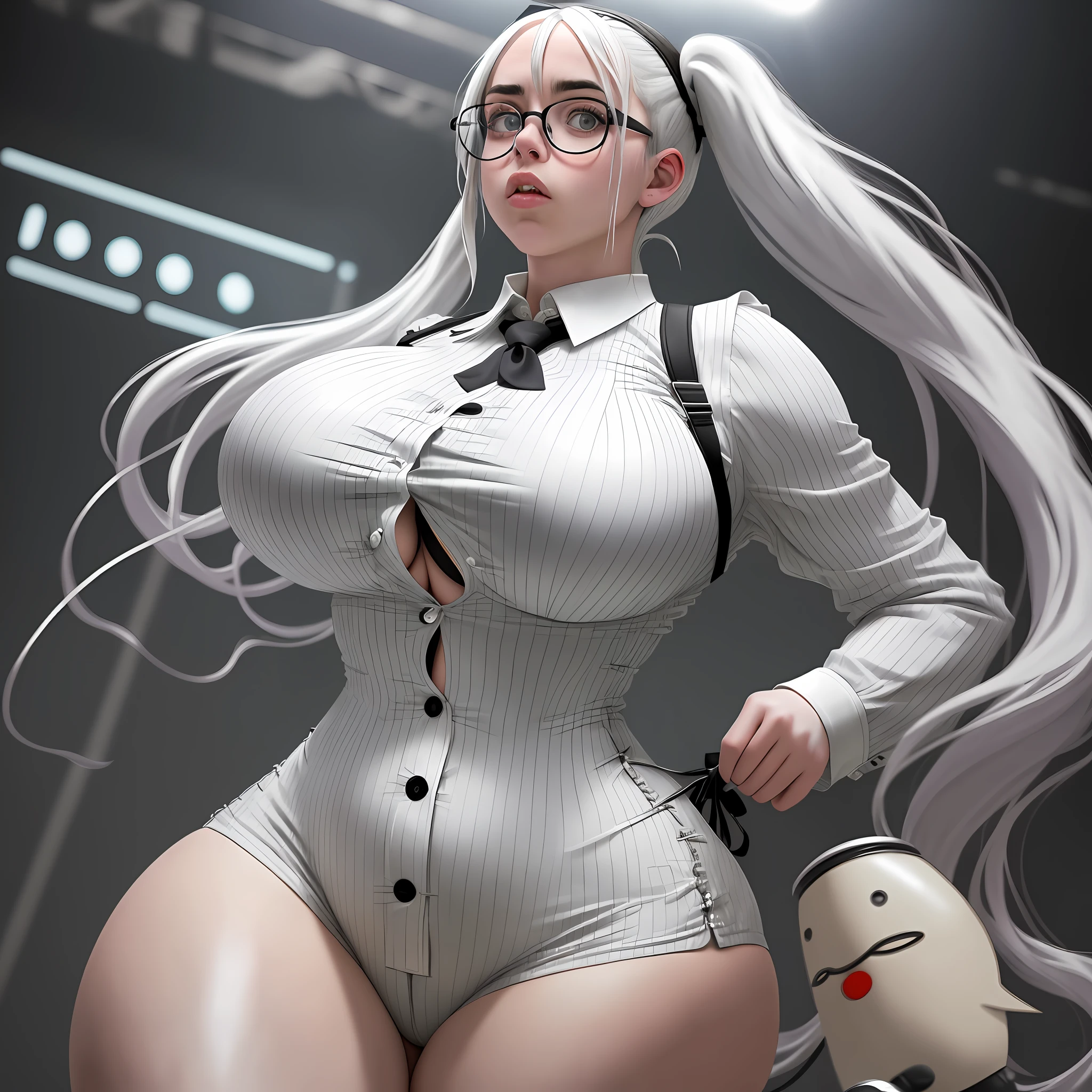 Billie eilish, sexy, european, long hair, pigtails, glasses, (((huge boobs)))+++, white (very tight)++ (buttoned-up shirt)+,(((bursting out)))+++, neck tie, (button gap)+++,button straining, tight hotpants, highheels, 8k,very detailed
