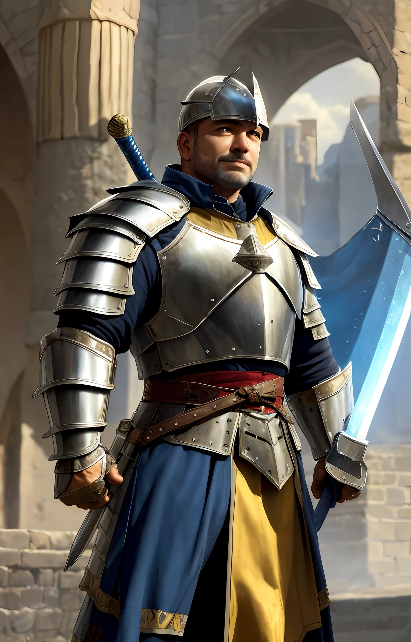 Medieval warrior, magical light shield, long sword, armored, middle-aged man, high details,