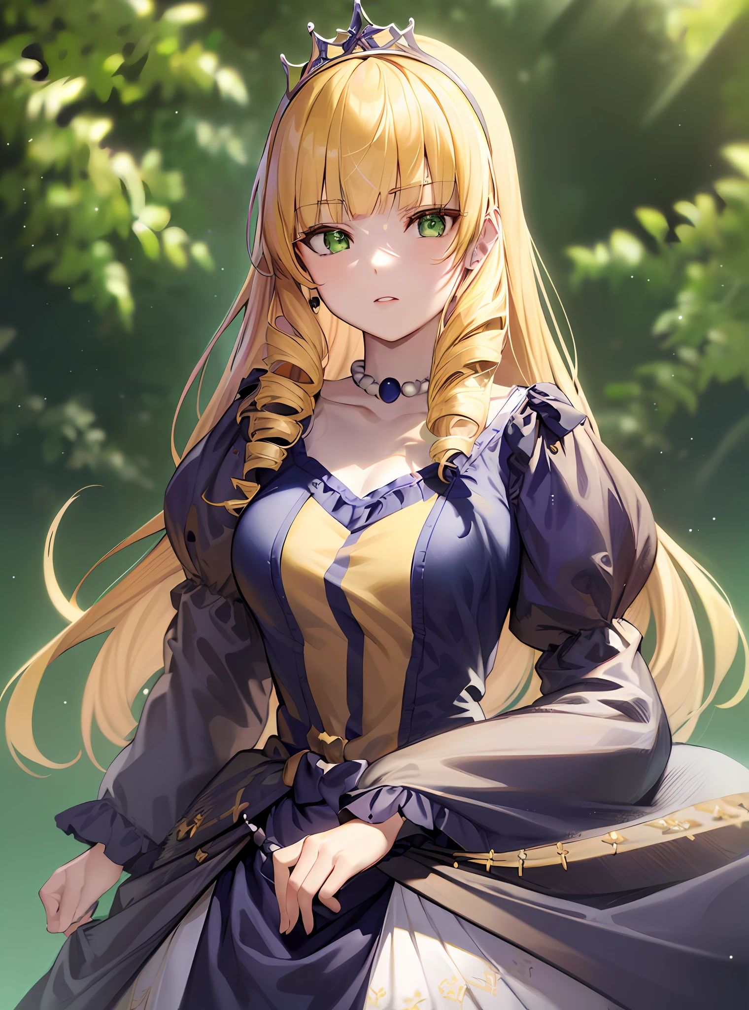 masterpiece, (best quality:1.4), detailed, sumire1, (solo), 8k, (yellow hair:1.1), (long hair:1.1), blunt bangs, (green eyes:1.2), (alluring face:1.2), tiara, face, (face portrait:1.2), (upper body:1.2), (dress:1.0), (long sleeve dress:1.2), (necklace:1.1), (jewelry:1.1), (looking at viewer:1.2), detailed eyes, detailed hair, highres, (simple background:1.3), (lights:1.2), high details