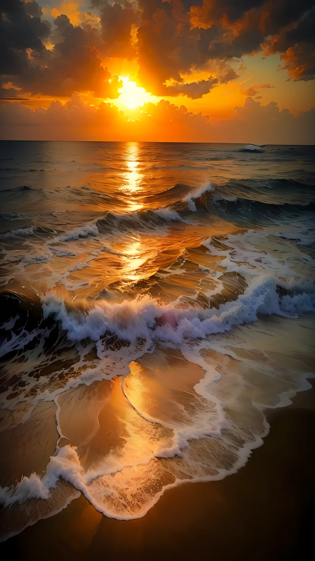 An absolutely mesmerizing sunset on the beach, with a mix of orange, pink, and yellow in the sky. The water is crystal clear, gently kisses the coast, and the white sand is endless. The scene is dynamic and breathtaking, with seagulls soaring high in the sky and palm trees swaying softly. Immerse yourself in the calm atmosphere and let the serenity surround you.
