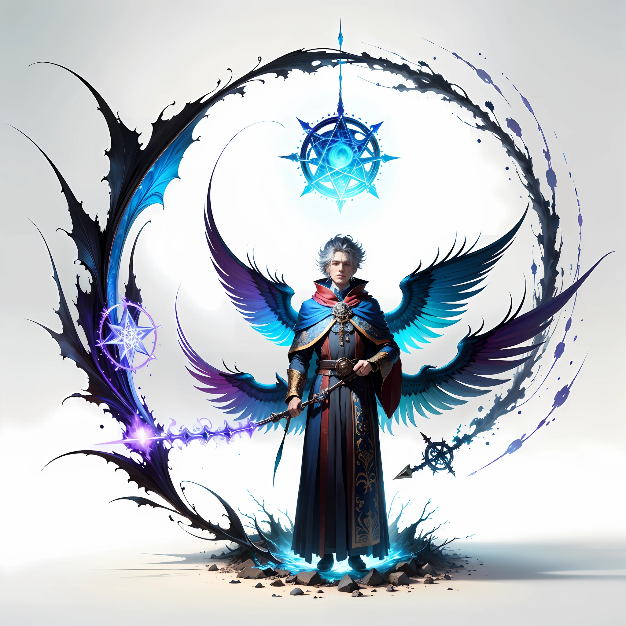 (((best quality))),(((ultra detailed))),(((masterpiece))),illustration, A stunning artwork featuring a mysterious wizard standing in an environment full of magic, surrounded by energy and an unknown sense of terror. He holds a wand and is surrounded by books, while colorful pages flying around him creating a mesmerizing scene. Blue flames burst from his magic circle, while pentagrams and spells float around him, suggesting he has endless magical wisdom and power. This artwork is perfect as a wallpaper and is a true work of art, featuring intricate details, sharp focus, and vibrant colors.
