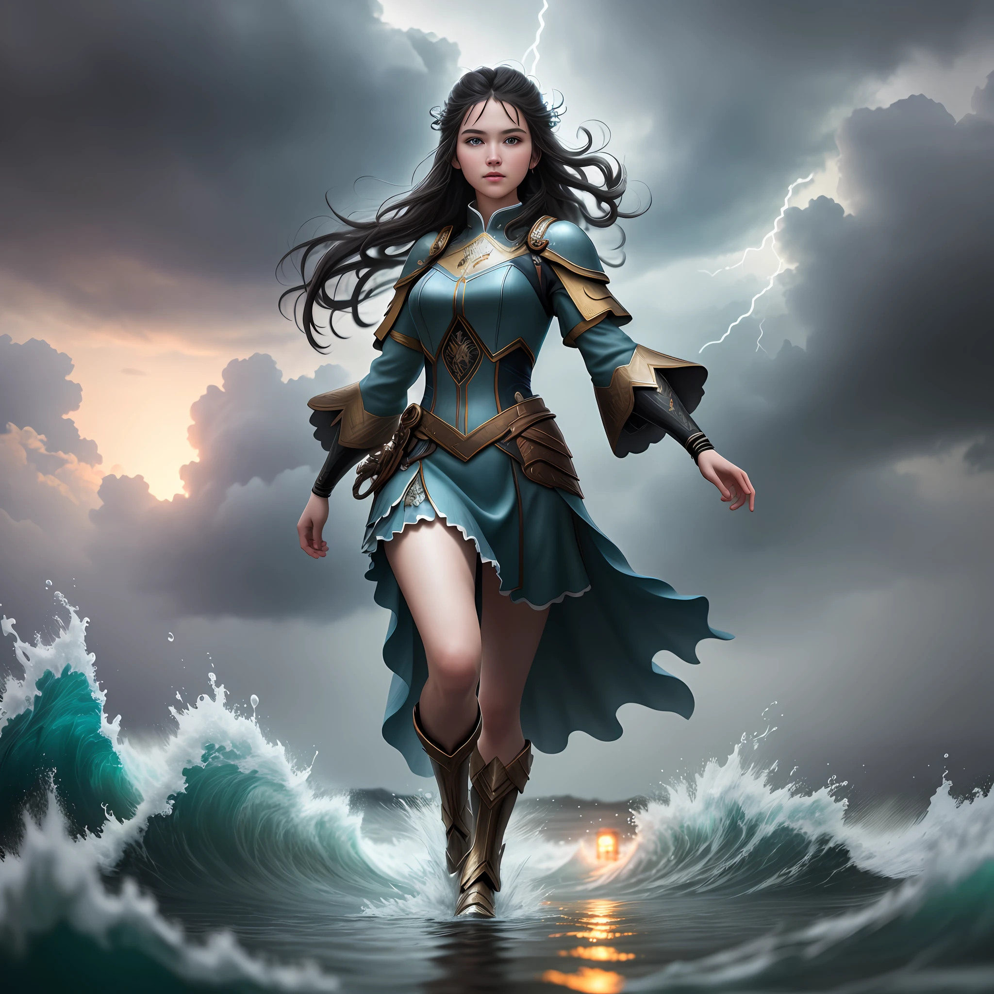 A maiden walking on water in a storm, masterpiece, best quality, high quality, extremely detailed CG unit 8k wallpaper, award winning photography, bokeh, depth of field, HDR, flood, chromatic aberration, realistic, very detailed, popular on artstation, popular on CGsociety, complex, high detail, dramatic, art on the go, volume