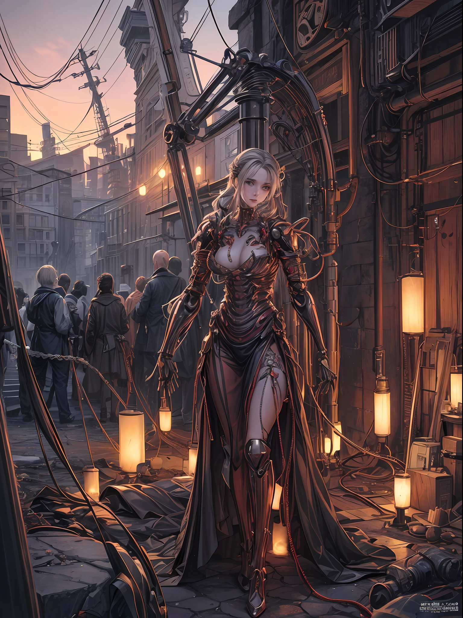 (((masterpiece))), ((best quality)), (ultra-detailed), (CG illustration), (an extremely devious and beautiful)), cinematic light, ((1 mechanical girl)), single, (machine-made joints: 1.4), ((mechanical limbs)), ( blood vessels attached to the tube), ((mechanical spine attached to the back)), ((mechanical cervical vertebrae attached to the neck), ((back to the viewer)), expressionless, (wires and cables attached to the head and body: 1.5), science fiction, apocalypse, ruins