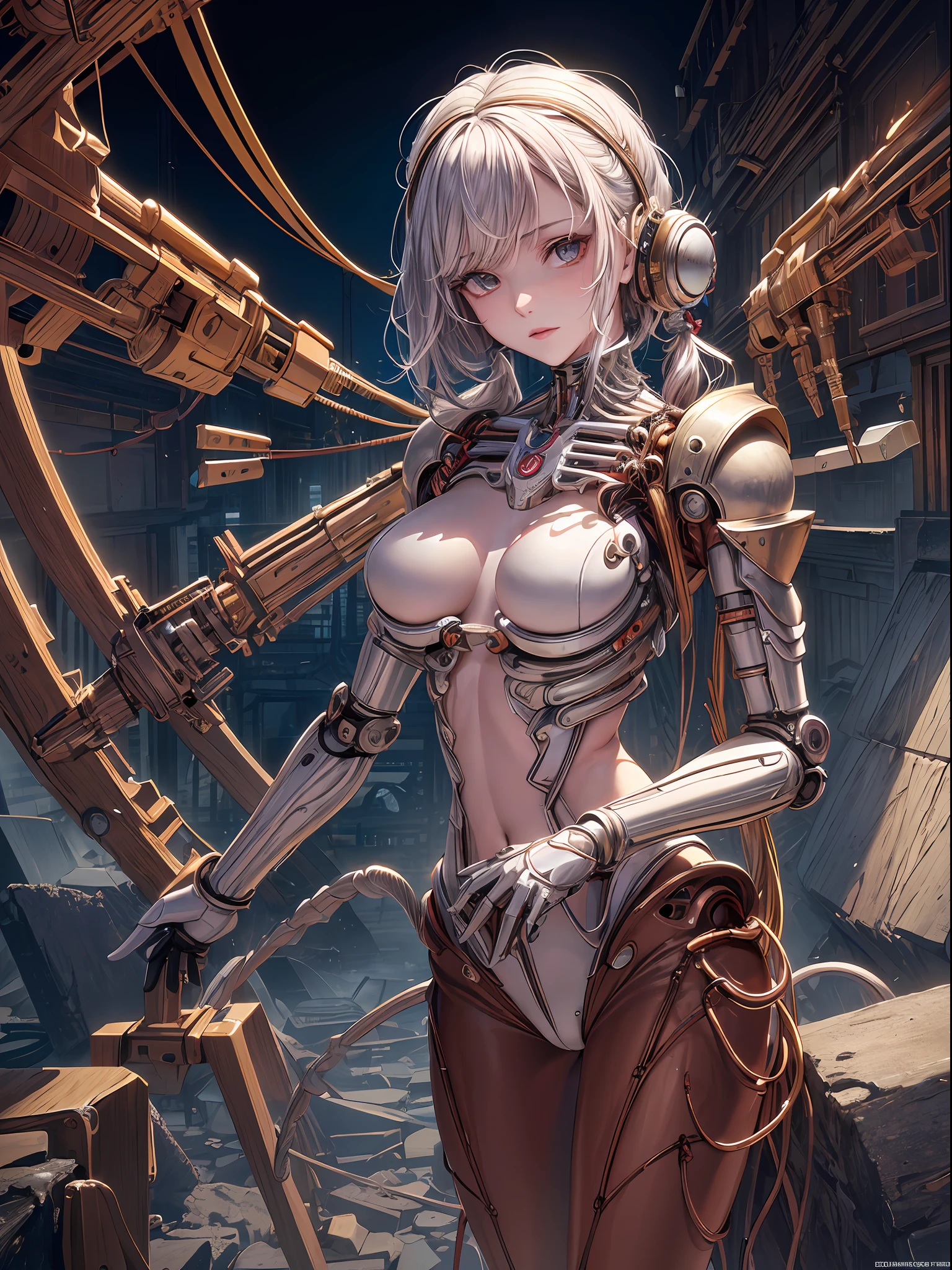 (((masterpiece))), ((best quality)), (ultra-detailed), (CG illustration), (an extremely devious and beautiful)), cinematic light, ((1 mechanical girl)), single, (machine-made joints: 1.4), ((mechanical limbs)), ( blood vessels attached to the tube), ((mechanical spine attached to the back)), ((mechanical cervical vertebrae attached to the neck), ((back to the viewer)), expressionless, (wires and cables attached to the head and body: 1.5), science fiction, apocalypse, ruins
