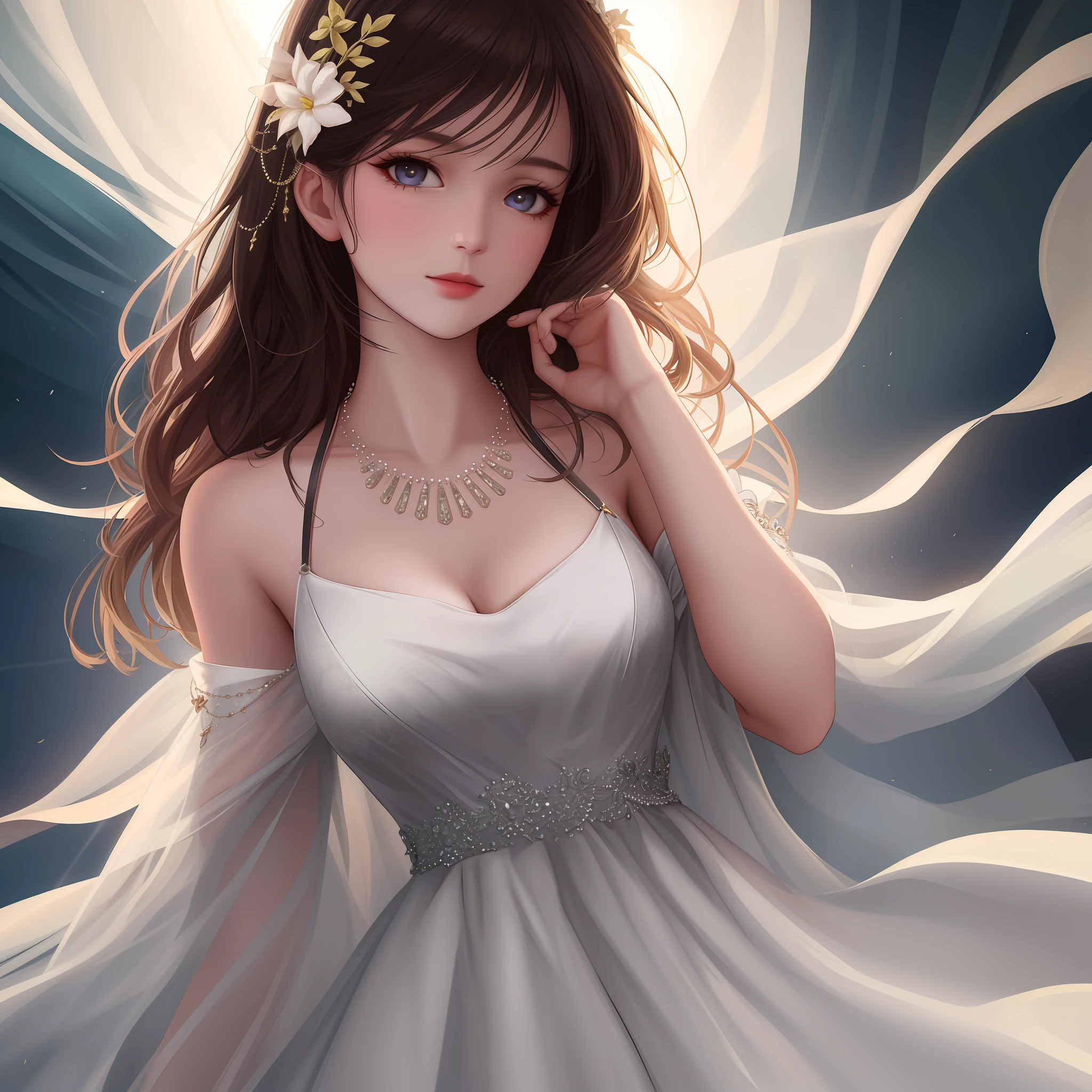 Best quality, masterpiece, high resolution, 1girl, porcelain dress, hair accessories, necklace, jewelry, beautiful face, on the body, Tyndall effect, realistic, dark studio, edge lighting, two-tone lighting, (high detail skin: 1.2), 8k UHD, dslr, soft light, high quality, volumetric light, candid, photo, high resolution, 4k, 8k, background blur,