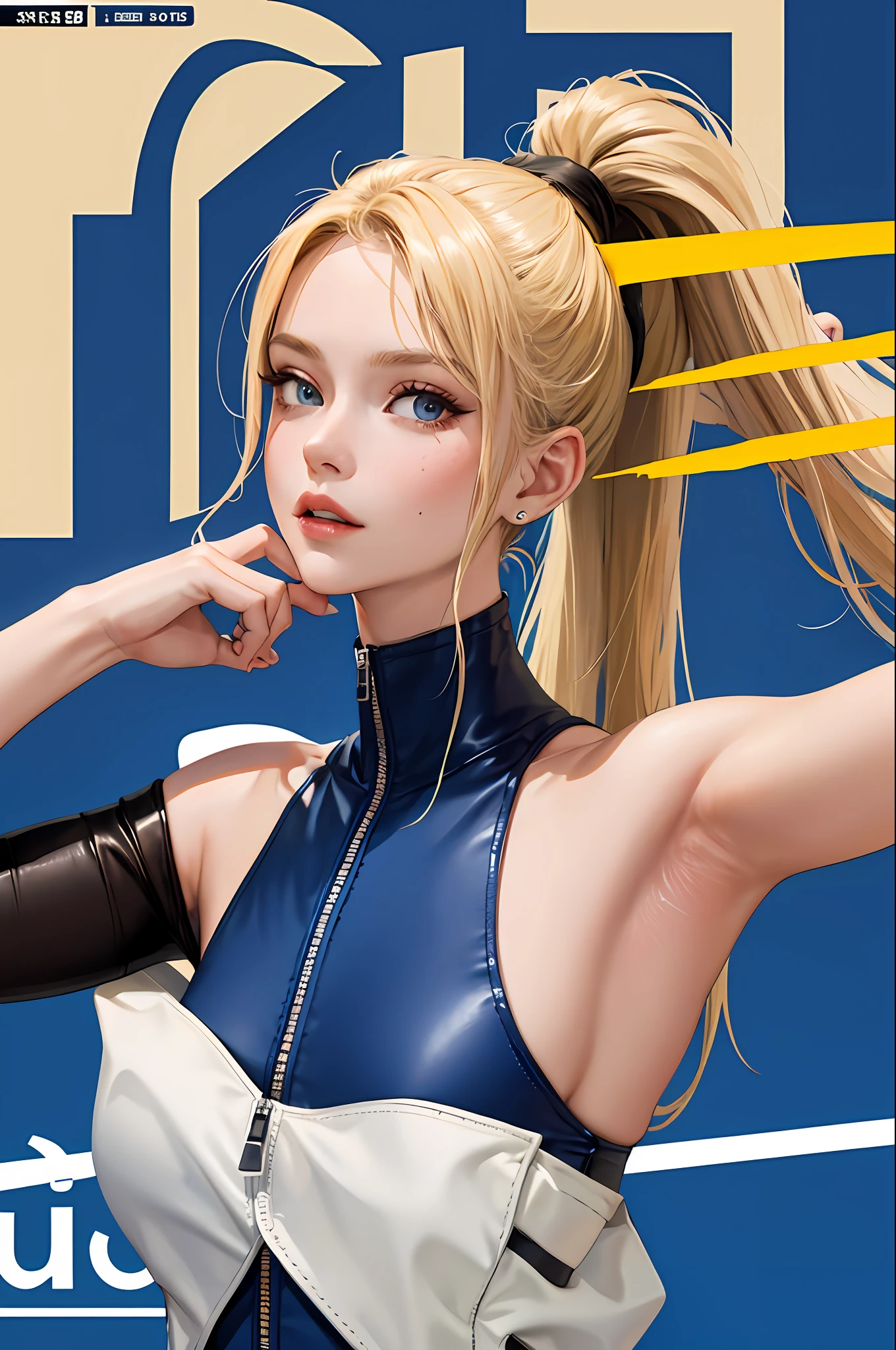 Masterpiece, Top Quality, Sleeveless, Dark Blue Bodysuit, Blonde, Ponytail, Magazine Cover, Upper Body, Outdoor, Center Zipper