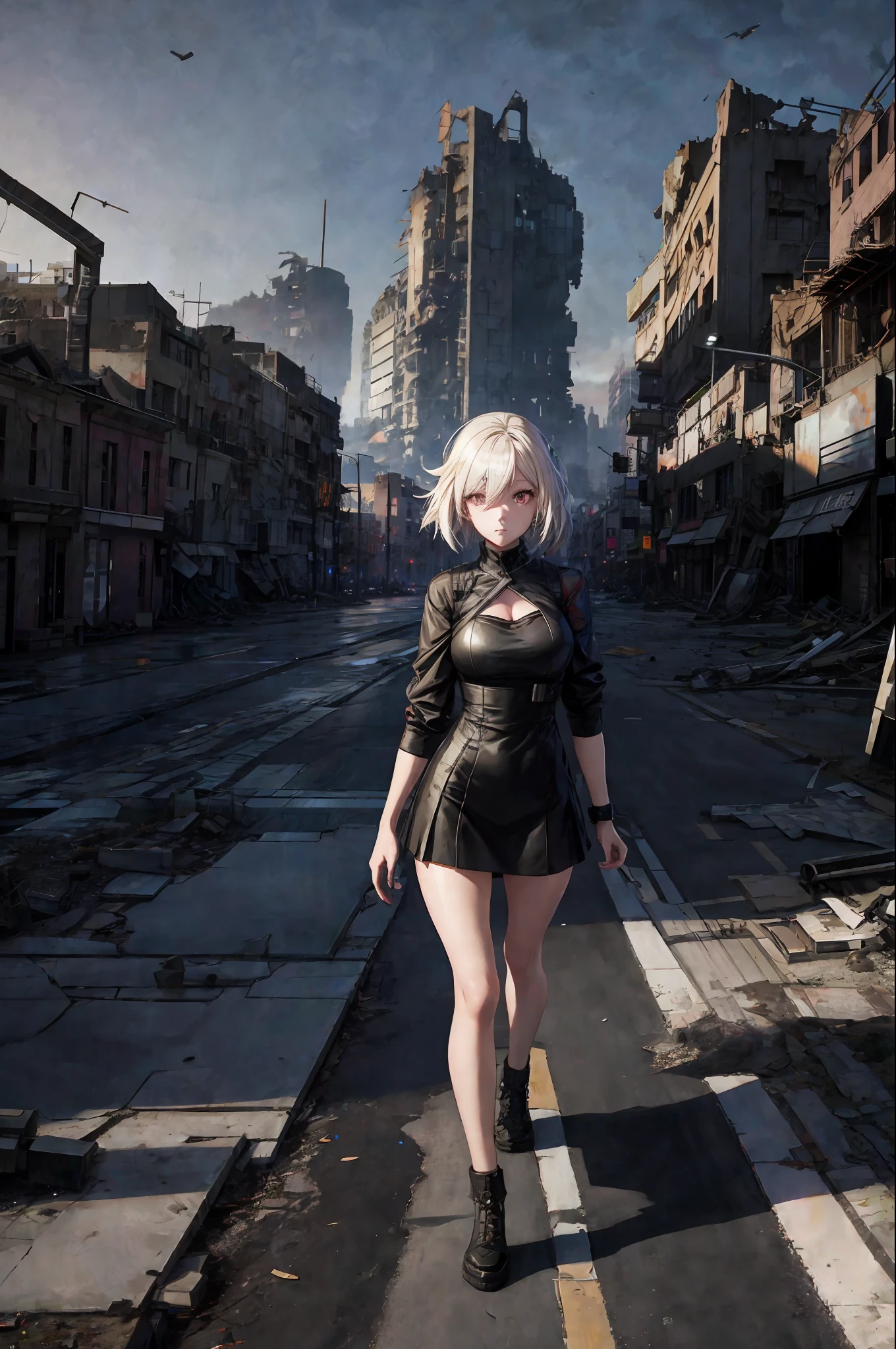 anime - style woman in a short dress walking on a street, destroyed city in the background, in a ruined cityscape, ruined city in background, ruined city in the background, guweiz on artstation pixiv, guweiz on pixiv artstation, from girls frontline, in front of a ruined city, city ruins in the background