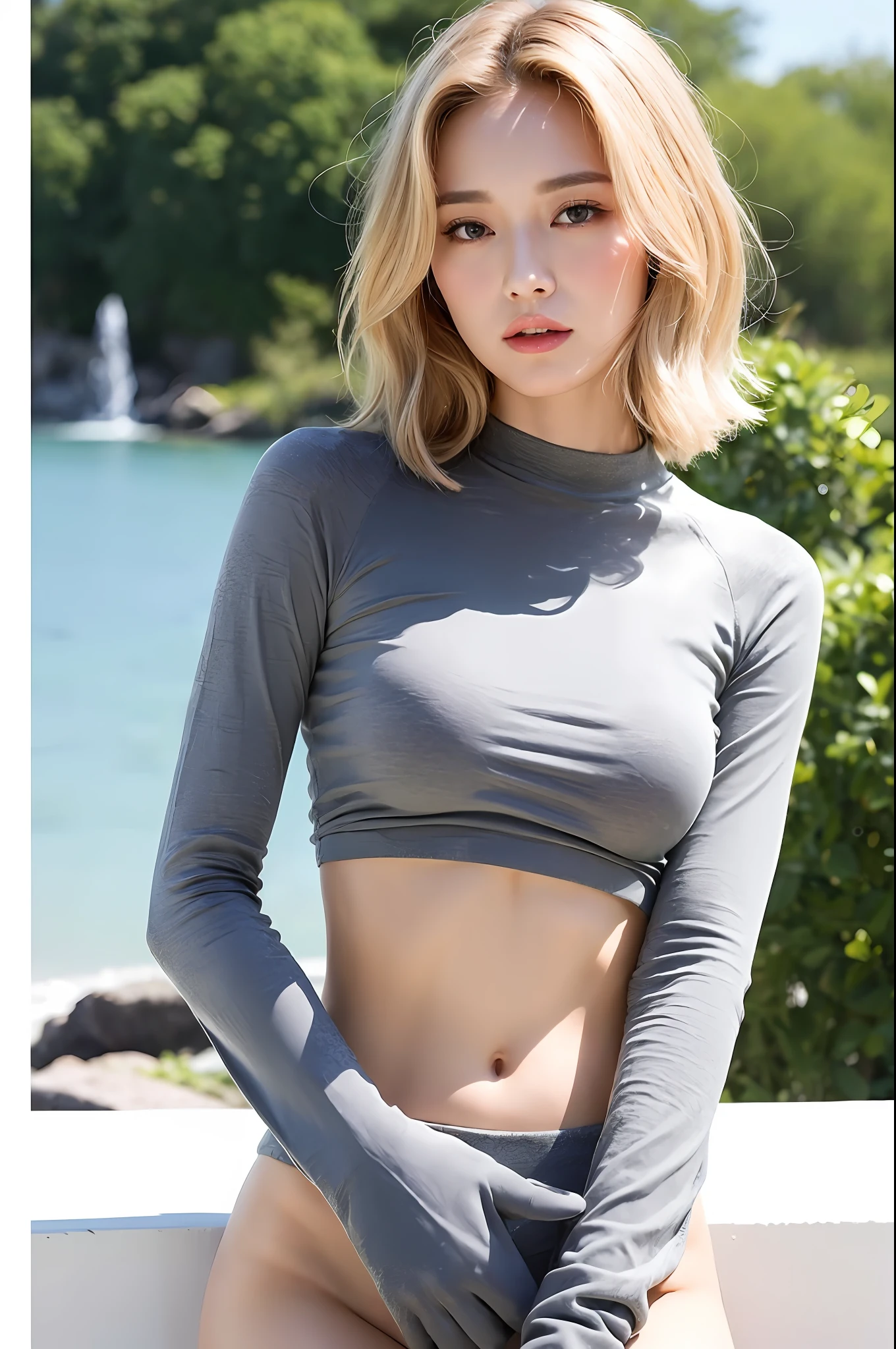 ((Top Quality, 8k, Masterpiece: 1.3)), Sensual Woman, 1 Woman, Big: 1.3, (Toned Abs, Slender Figure: 1.2), Blonde Hair, (Outdoor, Long Sleeve Top: 1.1), Ultra Detailed Face, Detailed Lips, Detailed Eyes, Double Eyelids Sea of the ht