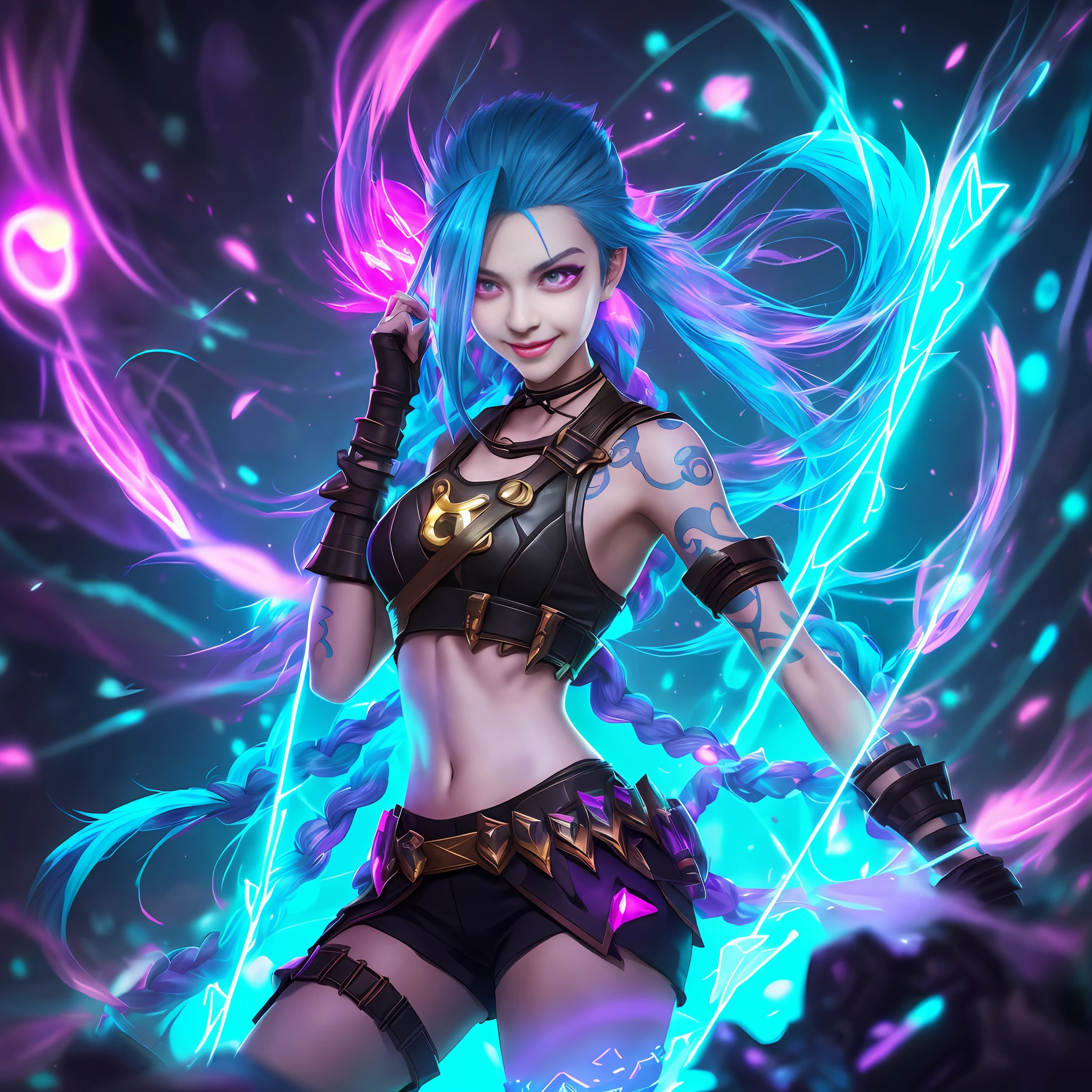 League of Legends Jinx, Full Body Shot, Neon Passage Background, Smile, High Quality, Glowing, Radiant, Anime & Manga Style, Concept Art, Smooth, Clear Focus, HDR, Ultra High Detail, Center, Lens Flash, Foggy Dusk, Bloom, Lights Bloom, Cinematic Lighting, High Dynamic Range, Depth of Field, Glow, Mottled,
