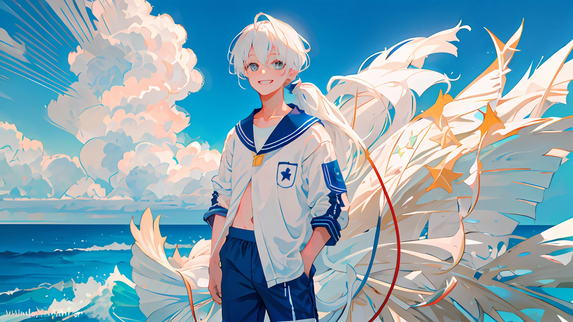 Masterpiece, Best Quality, 1boy, Blue, Starry Sea, Shooting Star, Beach, Fantastic, Nostalgic, White Hair, Ponytail, Golden Eyes, Men's Swimsuit (Pants Style), Center of the Screen, Big Smile