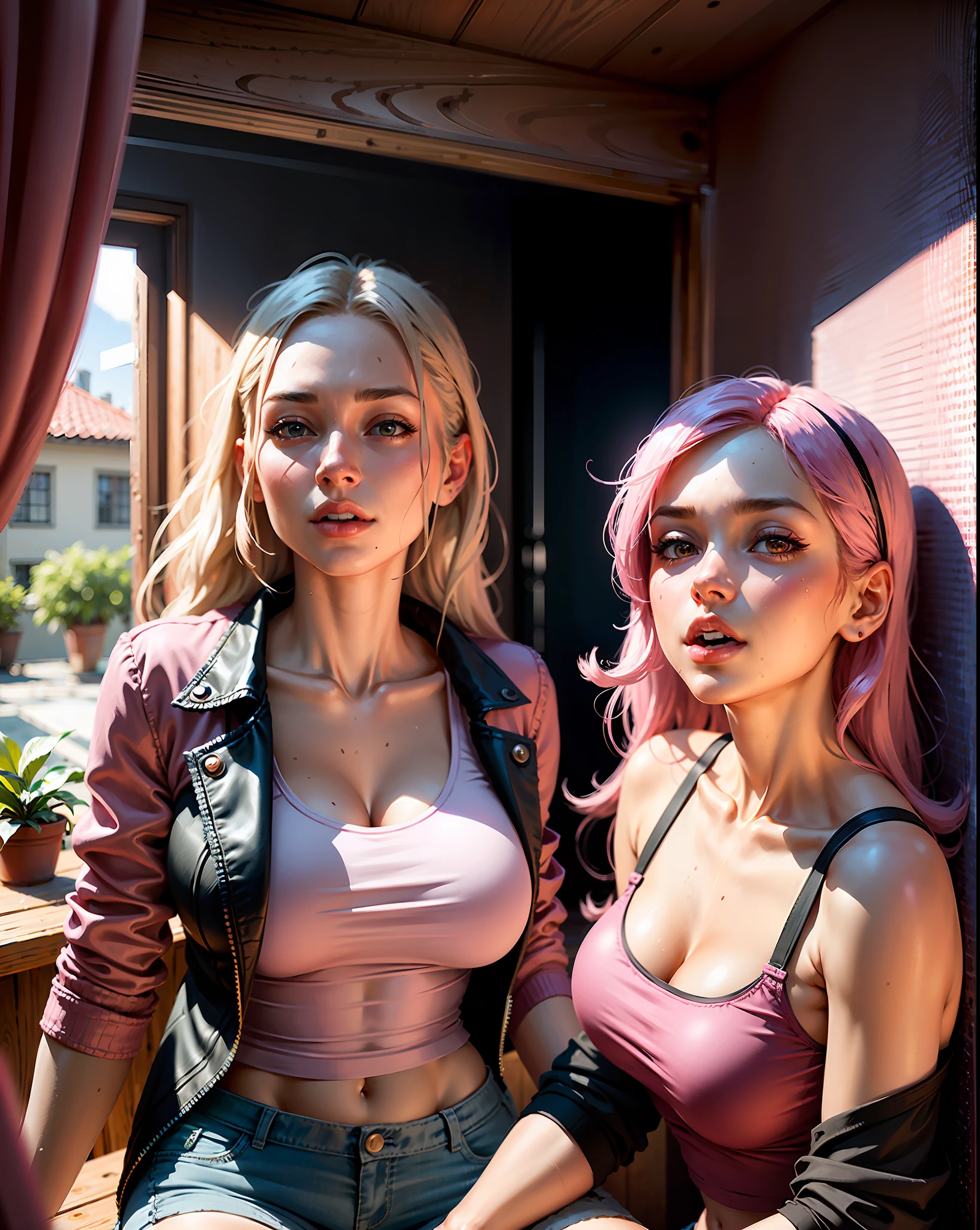 ((realistic face, seductive, adult look)), (pink pink shirt, black underwear, short clothes), (pink long hair), (28 years), (1 girl), (4k style))