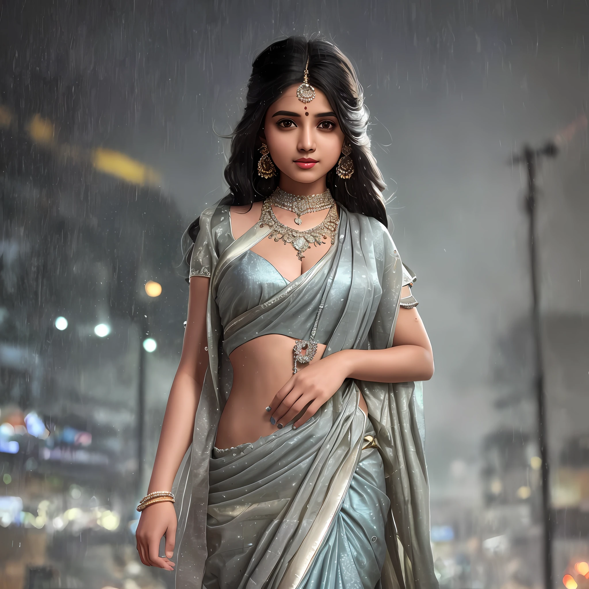 Sexy indian in saree (8k, best quality, masterpiece: 1.2), 1 girl, 20s, portrait, (long loose silver exposed dress: 1.1), necklace, pretty, cityscape, night, rain, wet, photon mapping, radiosity, physics-based rendering, (intricate details, taut clothes, hair ornaments: 1.2), silver hair, one hand in front of the chest