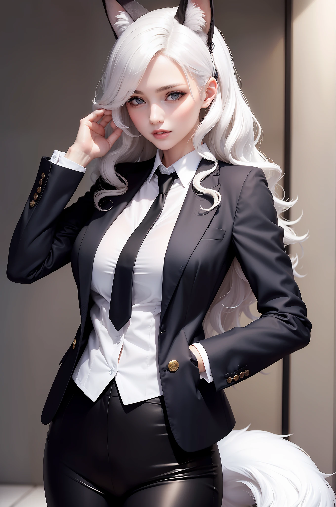 Sexy Woman with ,golden curly hair,Blue eyes,white fox ears,wear black office suit