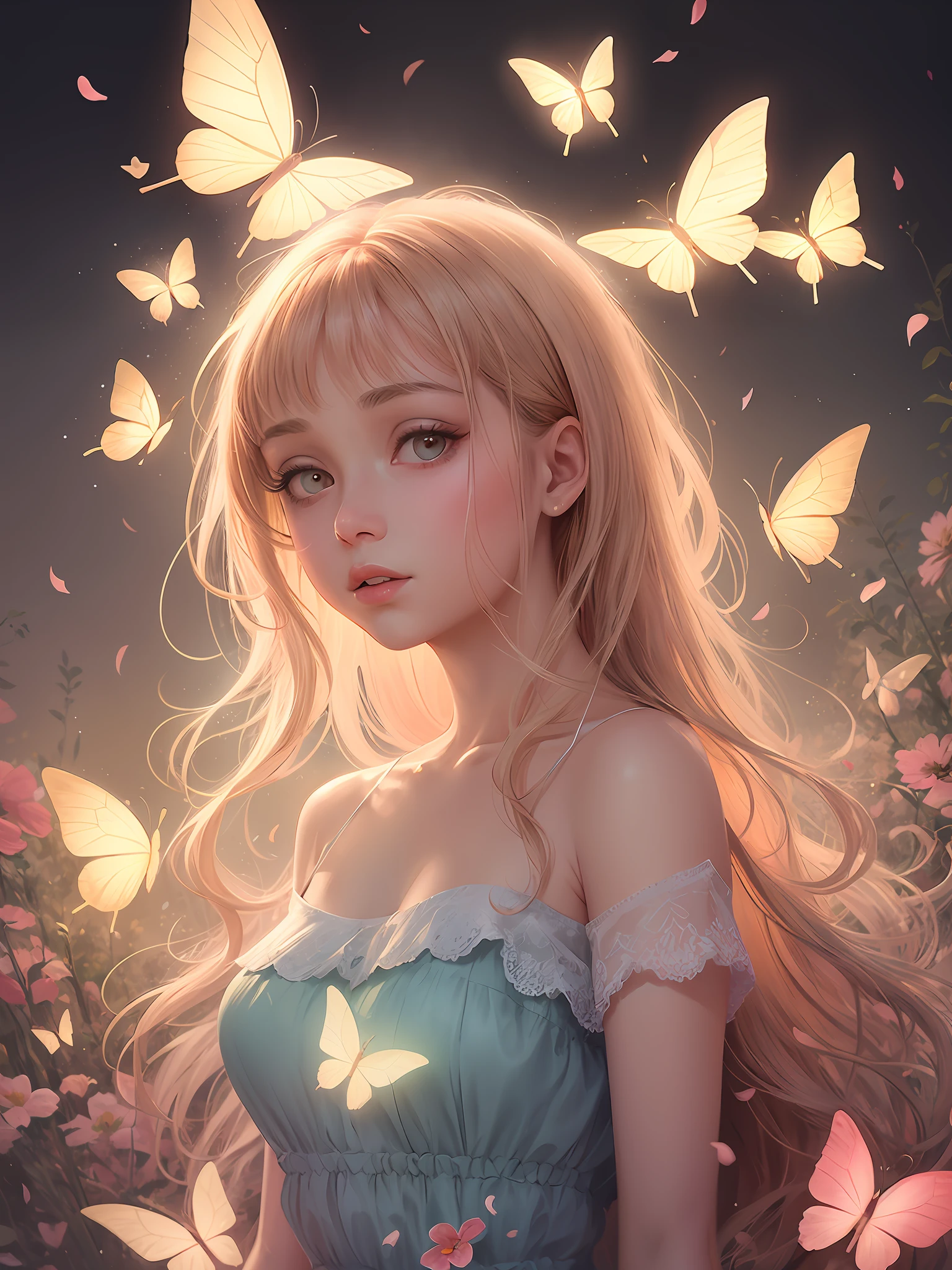 1girl, solo, full body, (masterpiece:1.21), (best quality:1.2), colorful, (illustration:1.2), (cinematic lighting:1.1), (bare shoulders:1.21), (collarbone:1.21)
In this whimsical and fantastical garden, the scene is illuminated by a rainbow of (colorful fireflies), dancing and fluttering in the air. The garden is decorated by a gentle (drizzle), creating a misty and ethereal atmosphere. In the center of the scene, there is a single girl, an extremely delicate and beautiful girl, with cute features and an innocent expression. Her long hair is flowing with the wind. She is wearing no shoulder straps dress, which is ultra low cut, highlighting her delicate curves.

The lighting is very delicate and beautiful, creating a soft and warm glow that highlights the water, making it sparkle like diamonds. The finest grass is also illuminated, creating a lush and verdant carpet. The garden is surrounded by colorful flower fields, with blooms of every color and shape. (Colorful butterflies), of every shade and size, can be seen fluttering around the scene, adding to the overall sense of wonder and magic. (look ai viewer),A blush can be seen on her nose, and her mouth is slightly open, adding to the overall sense of innocence and youthfulness. Falling petals can be seen floating around her, adding to the overall sense of romance and beauty. A gentle wind is blowing through the scene, making the leaves rustle and the flowers sway, adding to the overall sense of movement and life. This is a scene of pure wonder and magic, filled with color and beauty, where the viewer can lose themselves in the enchanting and captivating world.