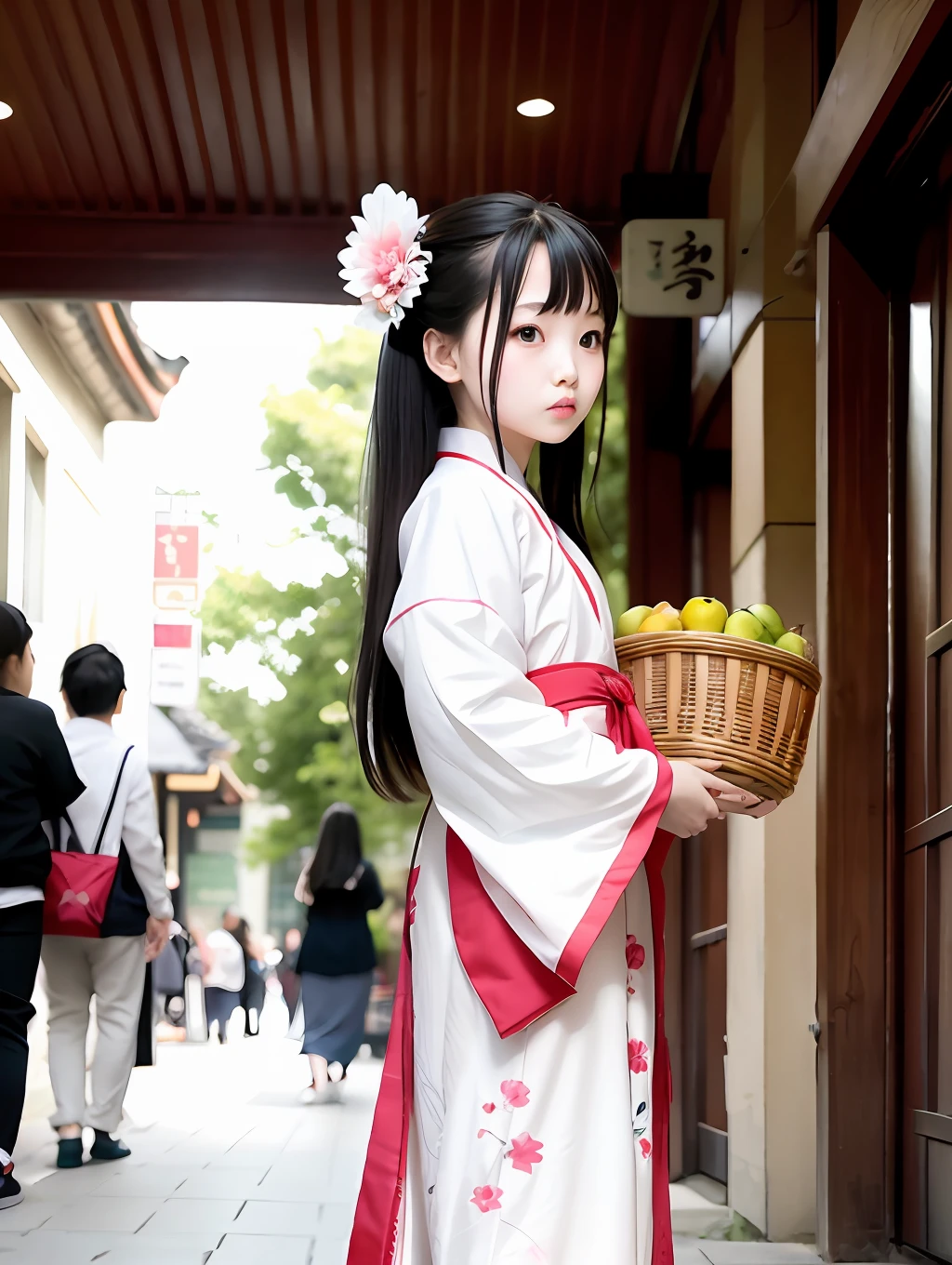 Girl in Hanfu in life-life realistic style Standing downstairs in a bustling city, carrying a basket of fruits