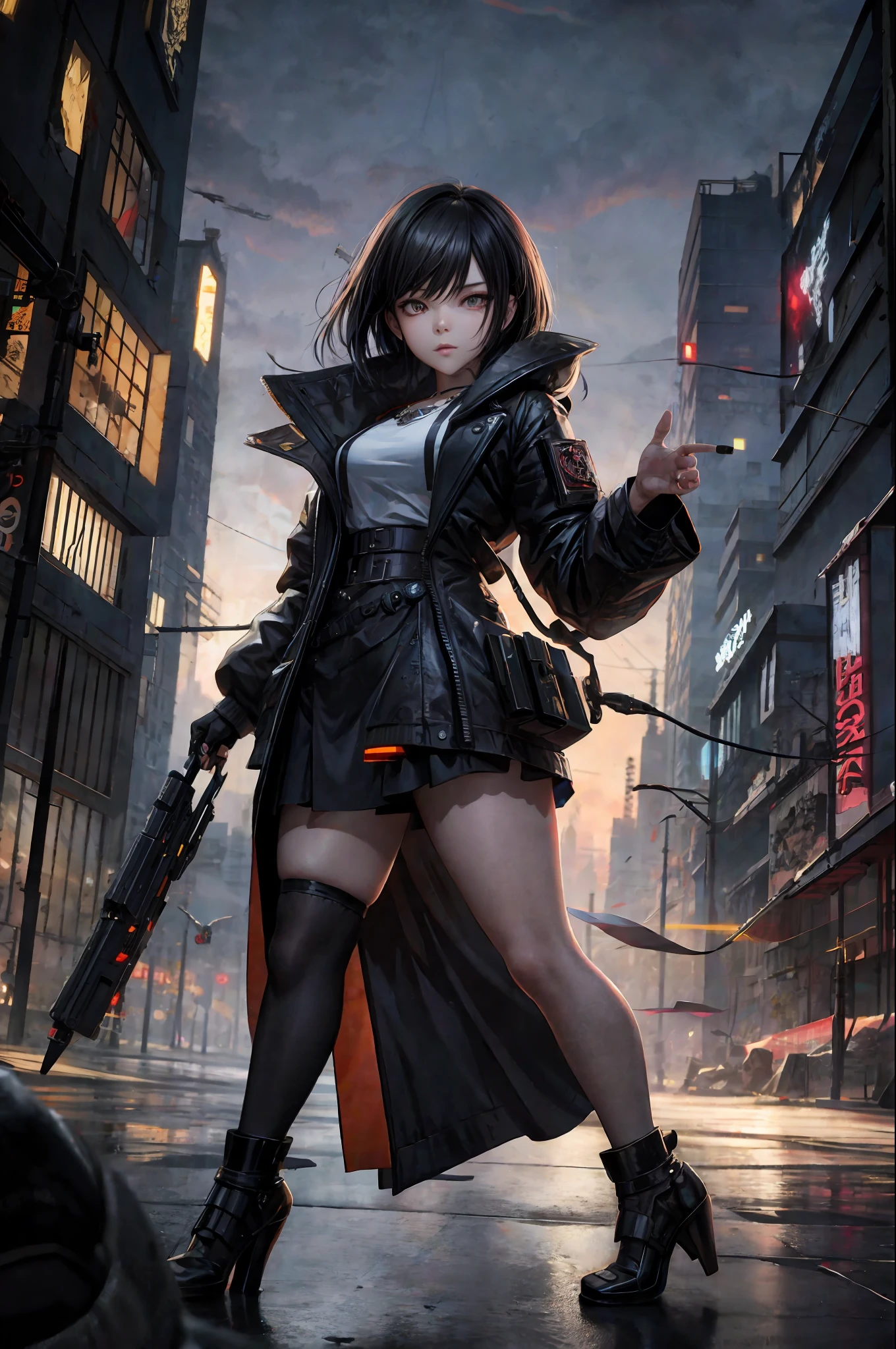 anime - style woman in a short dress walking on a street, cyberpunk art by Shitao, pixiv contest winner, fantasy art, destroyed city in the background, in a ruined cityscape, ruined city in the background, ruined city in the background, guweiz in pixiv artstation, guweiz in artstation pixiv, frontline girls, masterpiece, ultra detailed, 8k hd, great anatomy,  good anatomy, precise anatomy, perfect anatomy, beautiful detailed, {{high quality}}, beautiful, detailed background, detailed face, realistic face, high resolution, about exposure, beautiful lighting, warm lighting, cinematic photo