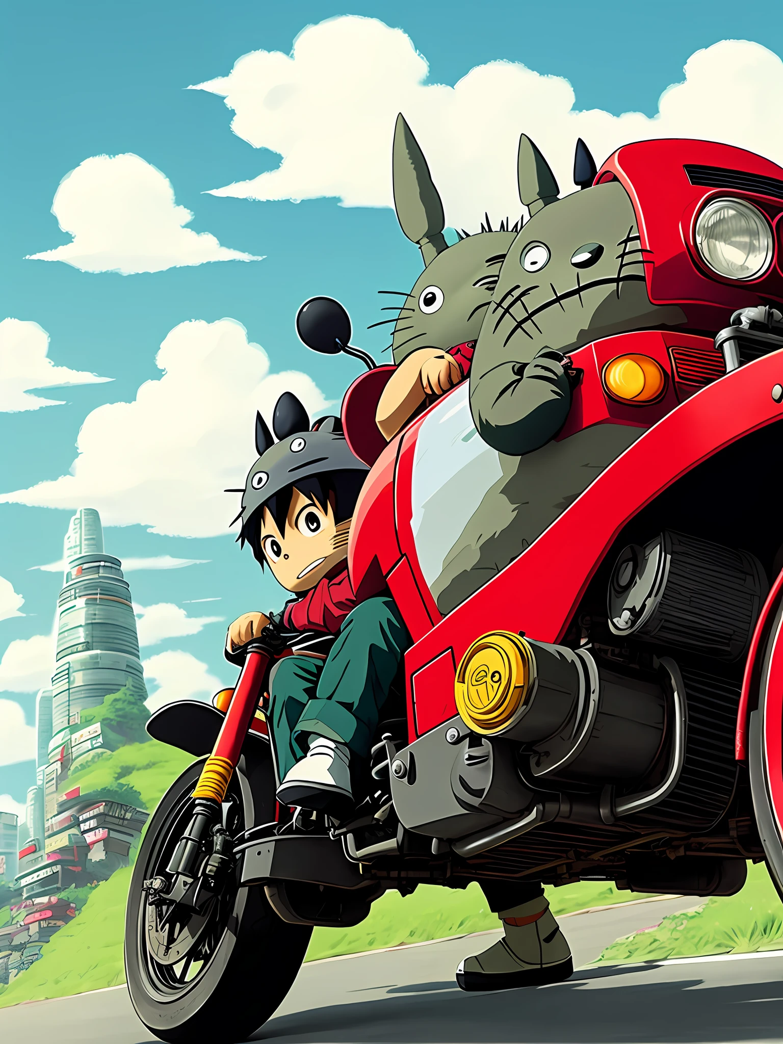 Totoro is kaneda arriving on his motorcycle