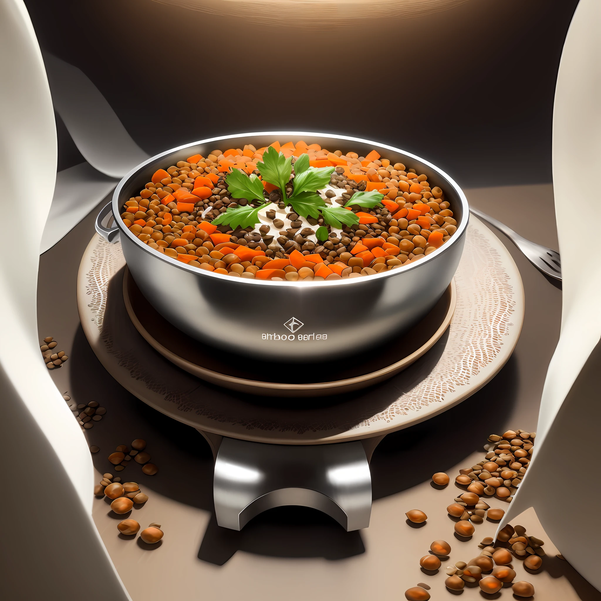 Ultra realistic style, stainless steel bowl with ((lentils)), chopped potato, grated carrot, pumpkin seeds, intricate details, dslr, 100 mm, pets, diffused light, Studio photography, professional advertising, 8k