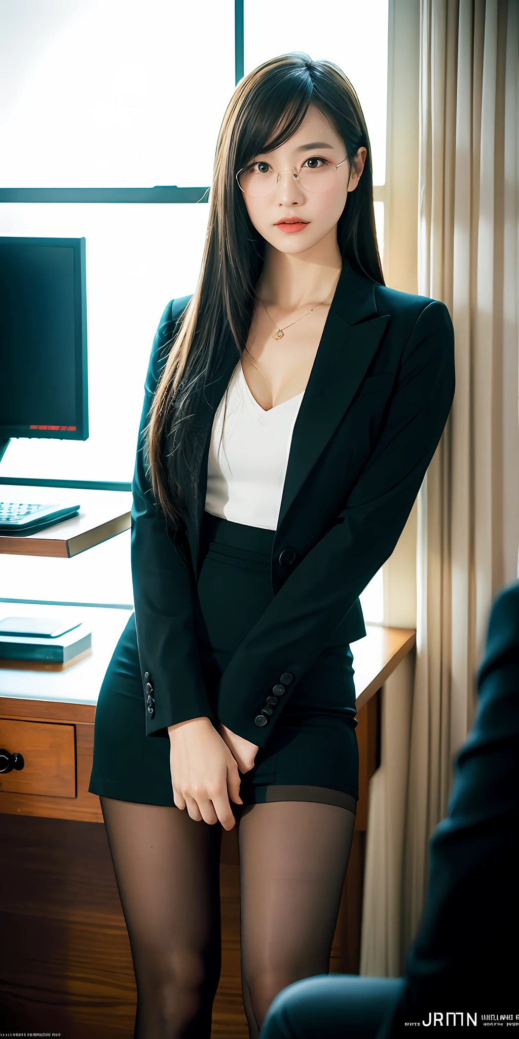 Beautiful Japan woman, black hair, beauty secretary, long ponytail hair, upper body, pantyhose, trendy outfit, office, (perfect style, tall stature), (perfect face, perfect anatomy), photography, masterpiece, realistic, realism, photorealism, high contrast, photorealistic digital art trend 8k HD High definition detailed realistic skin texture, super detailed Realistic skin texture, armature, highest quality, ultra high resolution, (photorealistic: 1.4), high-resolution, detail, raw photo, sharp re, by Lee Jeffries Nikon D850 Film Stock Photo 4 Kodak Portra 400 Camera F1.6 Lens rich colors Ultra realistic textures dramatic lighting Unrealistic Trending at Art Station Cinestill 800, business dress, suit jacket, knee-length tight skirt, camera on, voyeur, intimate, soft light, soft shine on her face and body, computer, focused, skin and hair, soothing, fine skin, HDR, partially exposed, black stockings, neatness, high_heels, glasses,