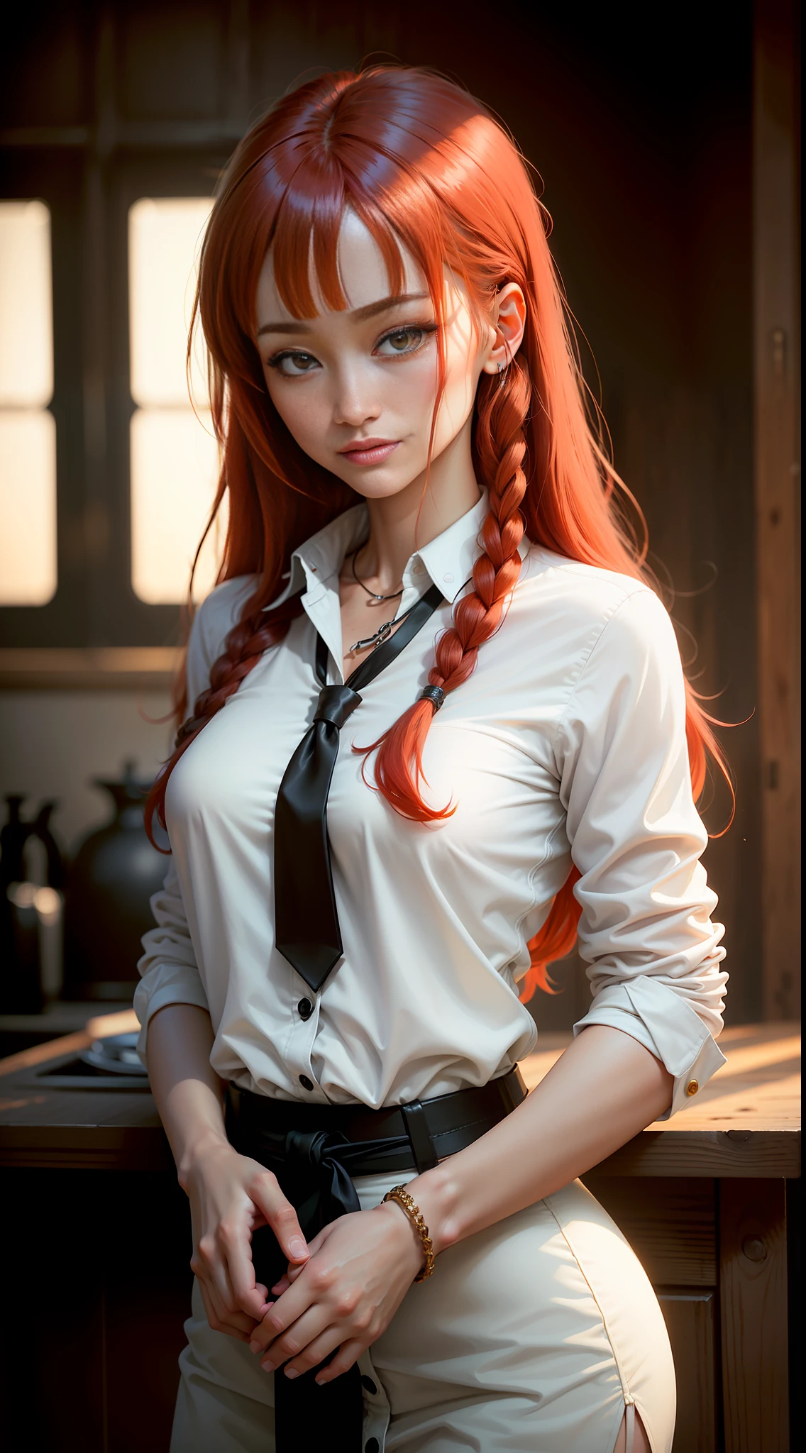 makima with Maggie q\ face (chainsaw man\), best quality, ultra detailed, 1girl, solo, standing, red hair, long braided hair, golden eyes, bangs, medium breasts, white shirt, tie, look, smile, (bad: 1.2), looking at the viewer, (interview: 1.3), (dark background, chains: 1.3), from above, sharp contrast, beautiful detailed eyes, focus, close up shot