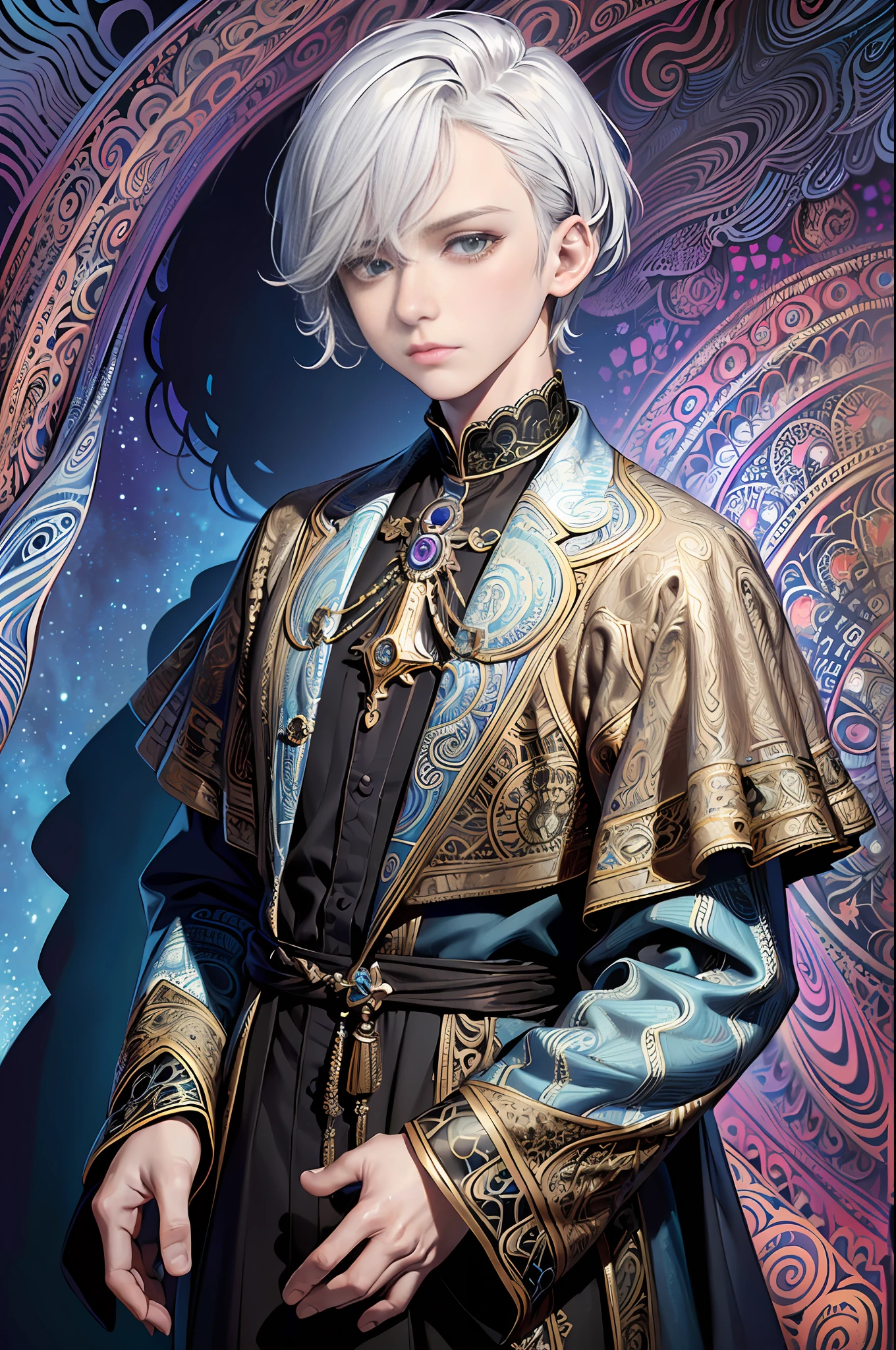 realistic,  (masterpiece, top quality, best quality, official art, beautiful and aesthetic:1.2), 
extremely detailed,fractal art,colorful,highest detailed,zentangle,(abstract background:1.5)
(1boy:1.3), (birds),silver hair, bright eyes,hair slicked back, short hair, black robe, male, celestial back ground