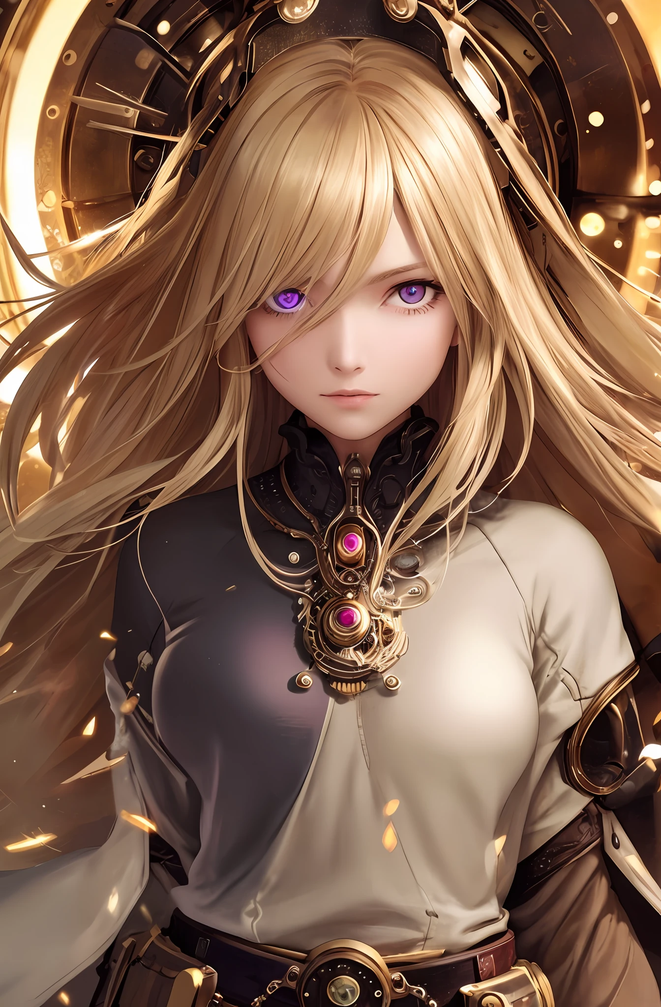 Best Quality, Masterpiece, Upper Body, Women, Windblown Blonde Hair, Glowing Eyes, Steampunk, Almond Eye