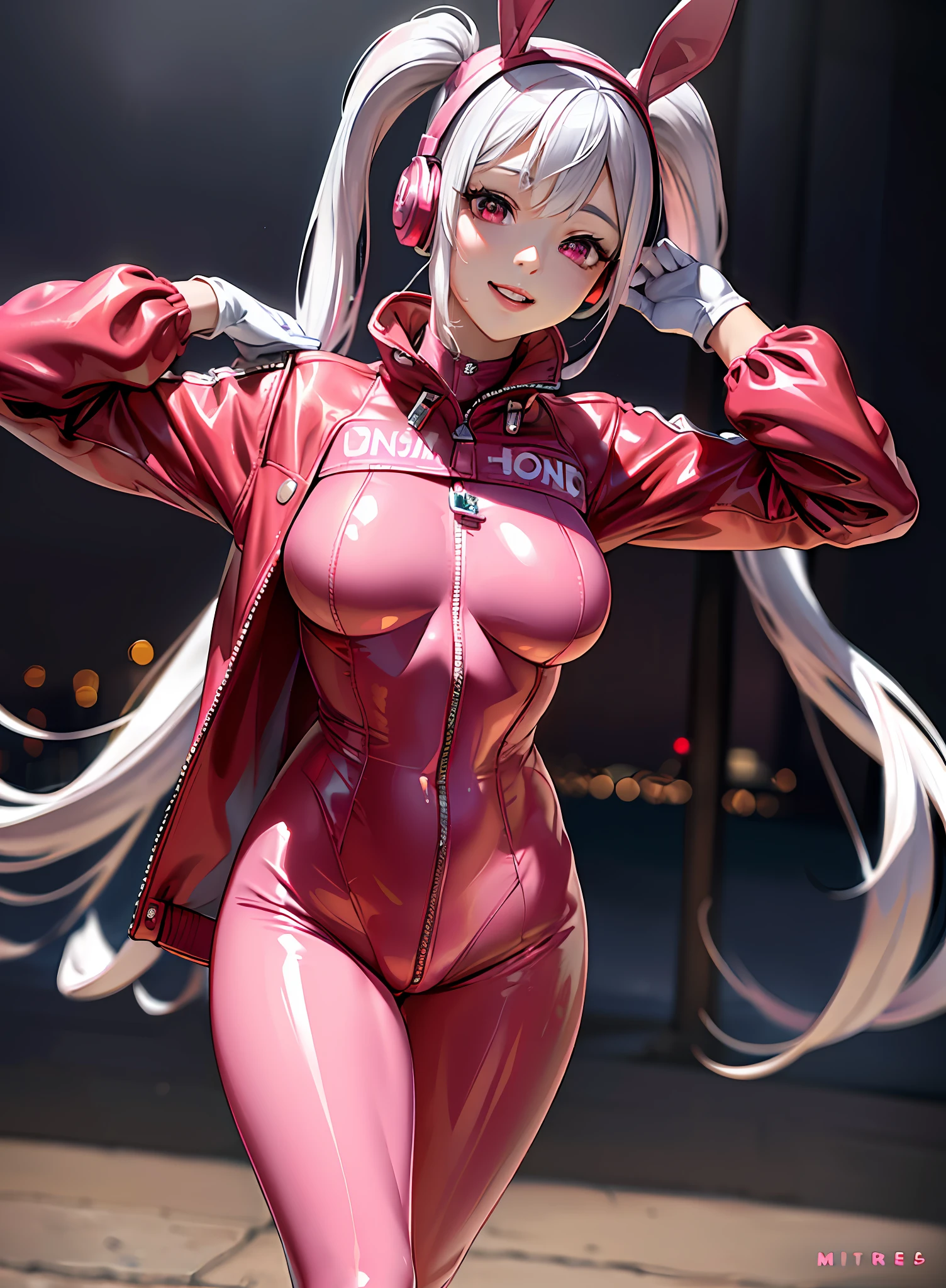 (photorealistic:1.4),best quality, ultra high res,
4k, instagram,
higly detailed, ((SFW))
alice \(nikke\),(pink full bodysuit:1.3),animal ears, (fake animal ears:1.2), gloves, headphones, headset,
(red jacket:1.5),(latex full bodysuit:1.3),(pink latex bodysuit:1.2), pink eyes,(twintails:1.2), white gloves, (white hair:1.3),
VirtualGirl-Aim, medium breasts, crystal pendant, smile,
blurry background,