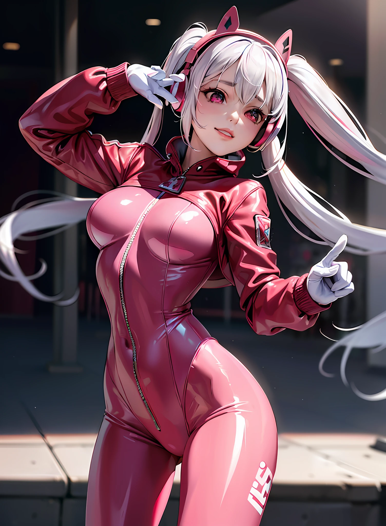 (photorealistic:1.4),best quality, ultra high res,
4k, instagram,
higly detailed, ((SFW))
alice \(nikke\),(pink full bodysuit:1.3),animal ears, (fake animal ears:1.2), gloves, headphones, headset,
(red jacket:1.5),(latex full bodysuit:1.3),(pink latex bodysuit:1.2), pink eyes,(twintails:1.2), white gloves, (white hair:1.3),
VirtualGirl-Aim, medium breasts, crystal pendant, smile,
blurry background,