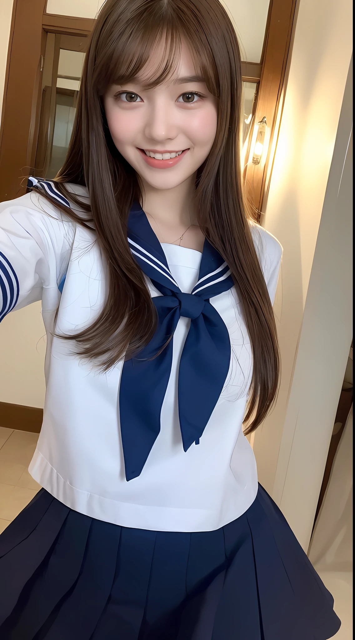 ((Night, Real Light, Top Quality, 8k, Masterpiece: 1.3)), (1 Girl), Slender Figure: 1.4, (Brown Hair, Big: 1.3), Ultra Detailed Face, Detailed Eyes, Double Eyelids, (A School Girl in Sailor Uniform), Laughing, 17 years old