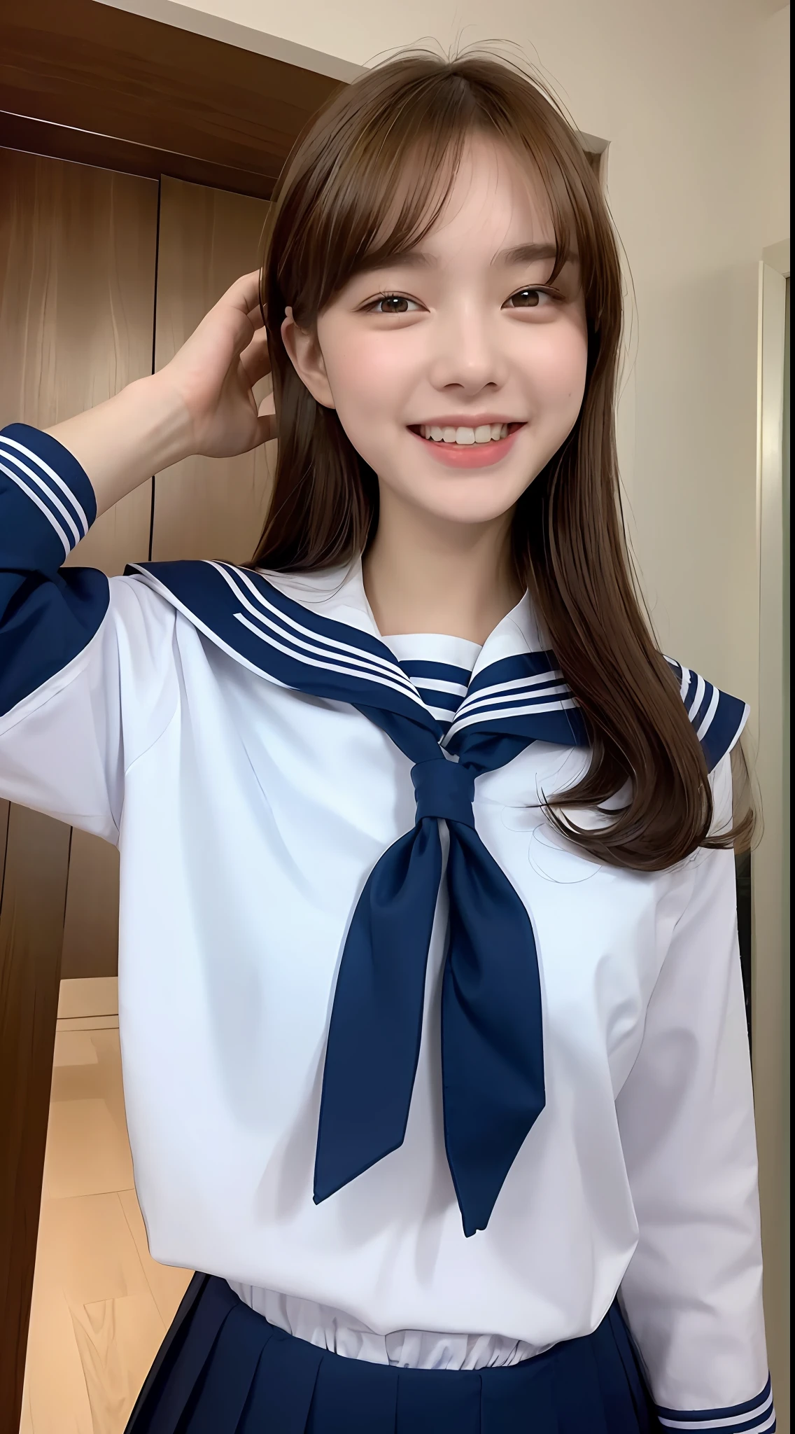 ((Night, Real Light, Top Quality, 8k, Masterpiece: 1.3)), (1 Girl), Slender Figure: 1.4, (Brown Hair, Big: 1.3), Ultra Detailed Face, Detailed Eyes, Double Eyelids, (A School Girl in Sailor Uniform), Laughing, 