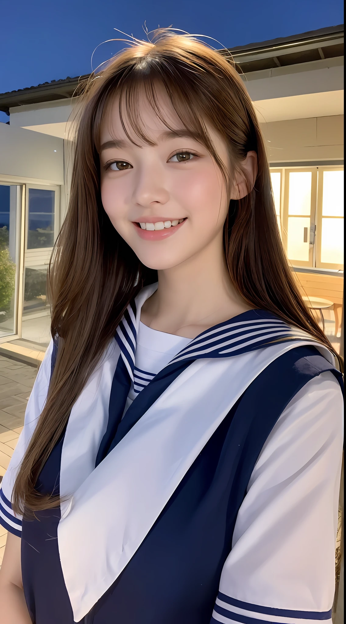 ((Night, Real Light, Top Quality, 8k, Masterpiece: 1.3)), (1 Girl), Slender Figure: 1.4, (Brown Hair, Big: 1.3), Ultra Detailed Face, Detailed Eyes, Double Eyelids, (A School Girl in Sailor Uniform), Laughing, 17 years old