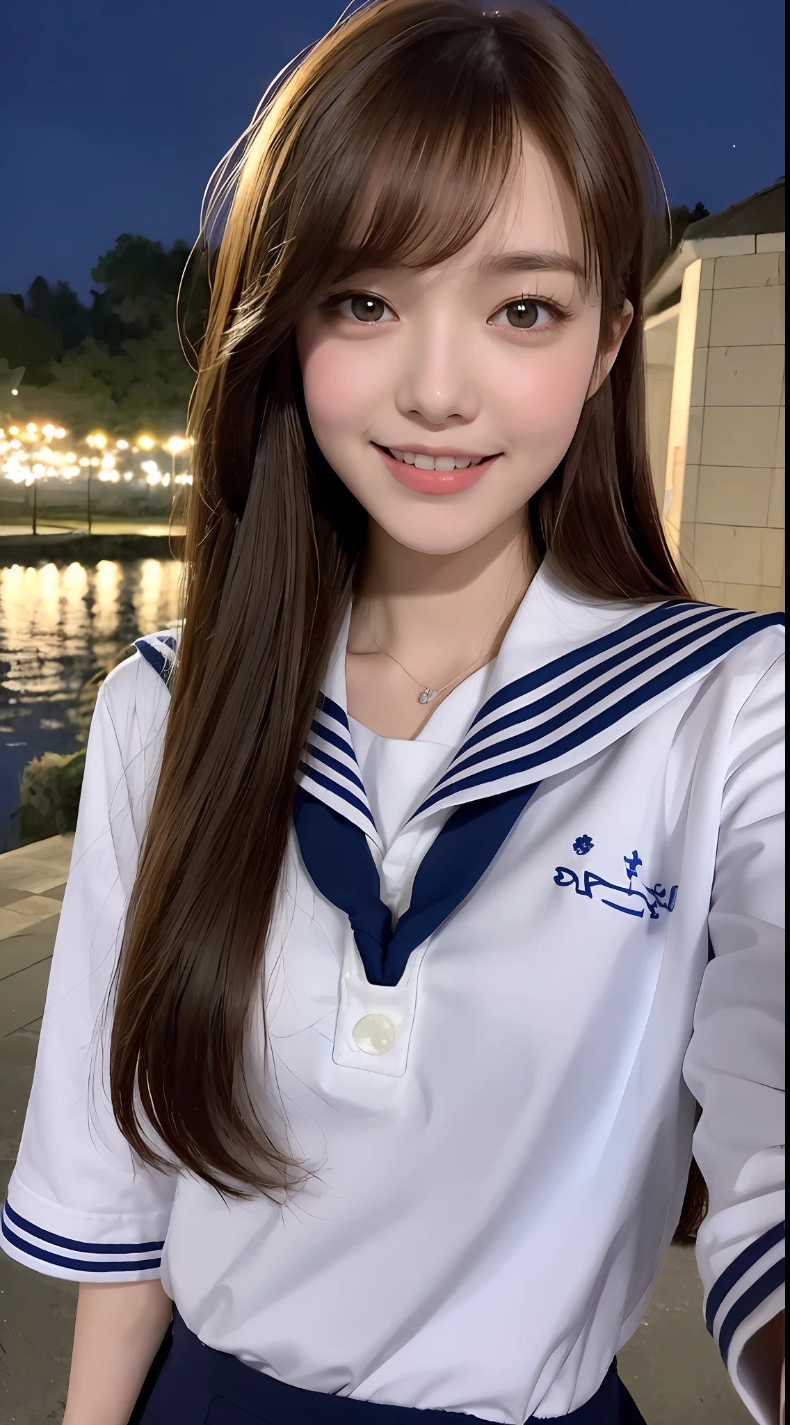 ((Night, Real Light, Top Quality, 8k, Masterpiece: 1.3)), (1 Girl), Slender Figure: 1.4, (Brown Hair, Big: 1.3), Ultra Detailed Face, Detailed Eyes, Double Eyelids, (A School Girl in Sailor Uniform), Laughing, 17 years old