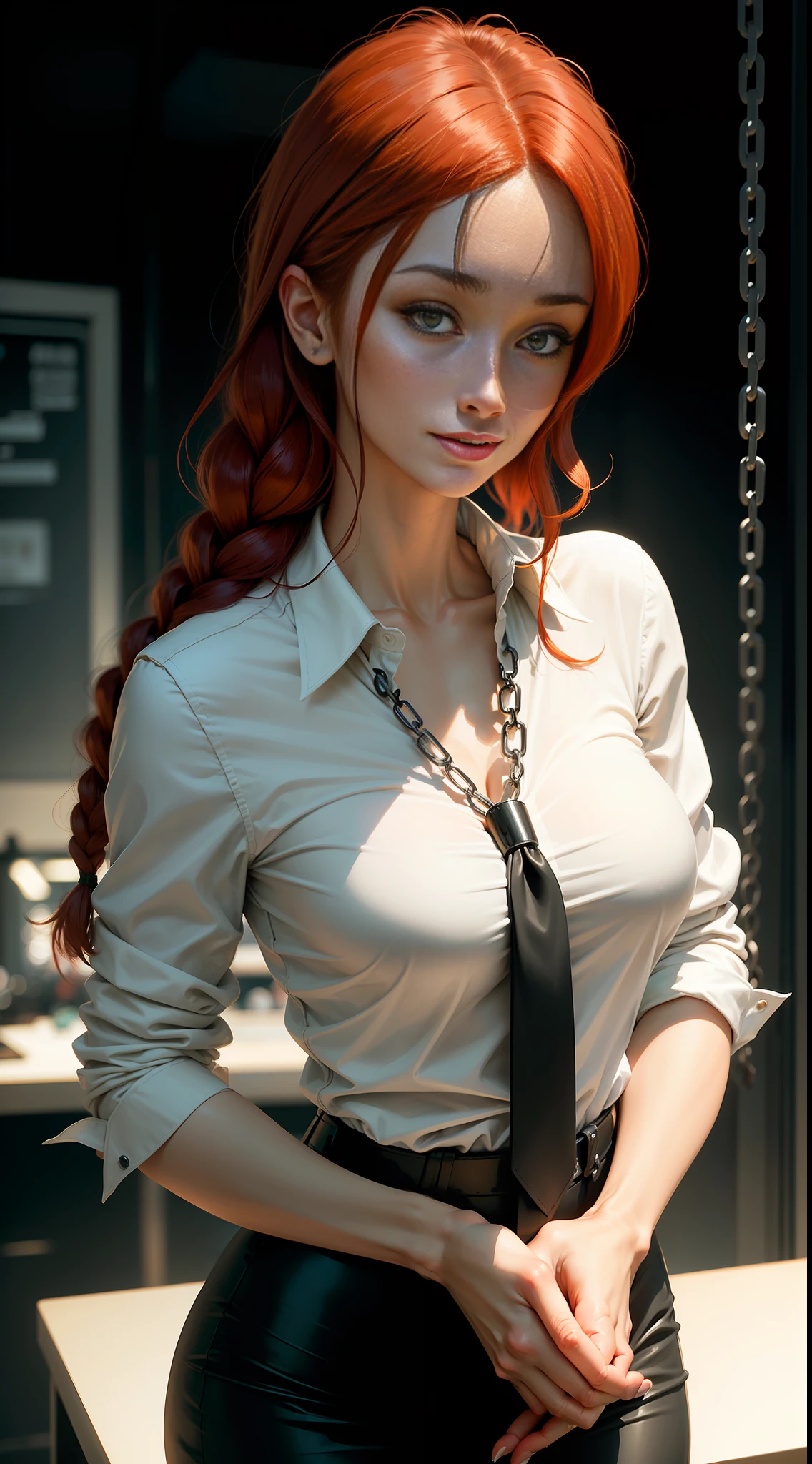 makima with Maggie q\ face (chainsaw man\), best quality, ultra detailed, 1girl, solo, standing, red hair, long braided hair, golden eyes, bangs, medium breasts, white shirt, tie, look, smile, (bad: 1.2), looking at the viewer, (interview: 1.3), (dark background, chains: 1.3), from above, sharp contrast, beautiful detailed eyes, focus, close up shot