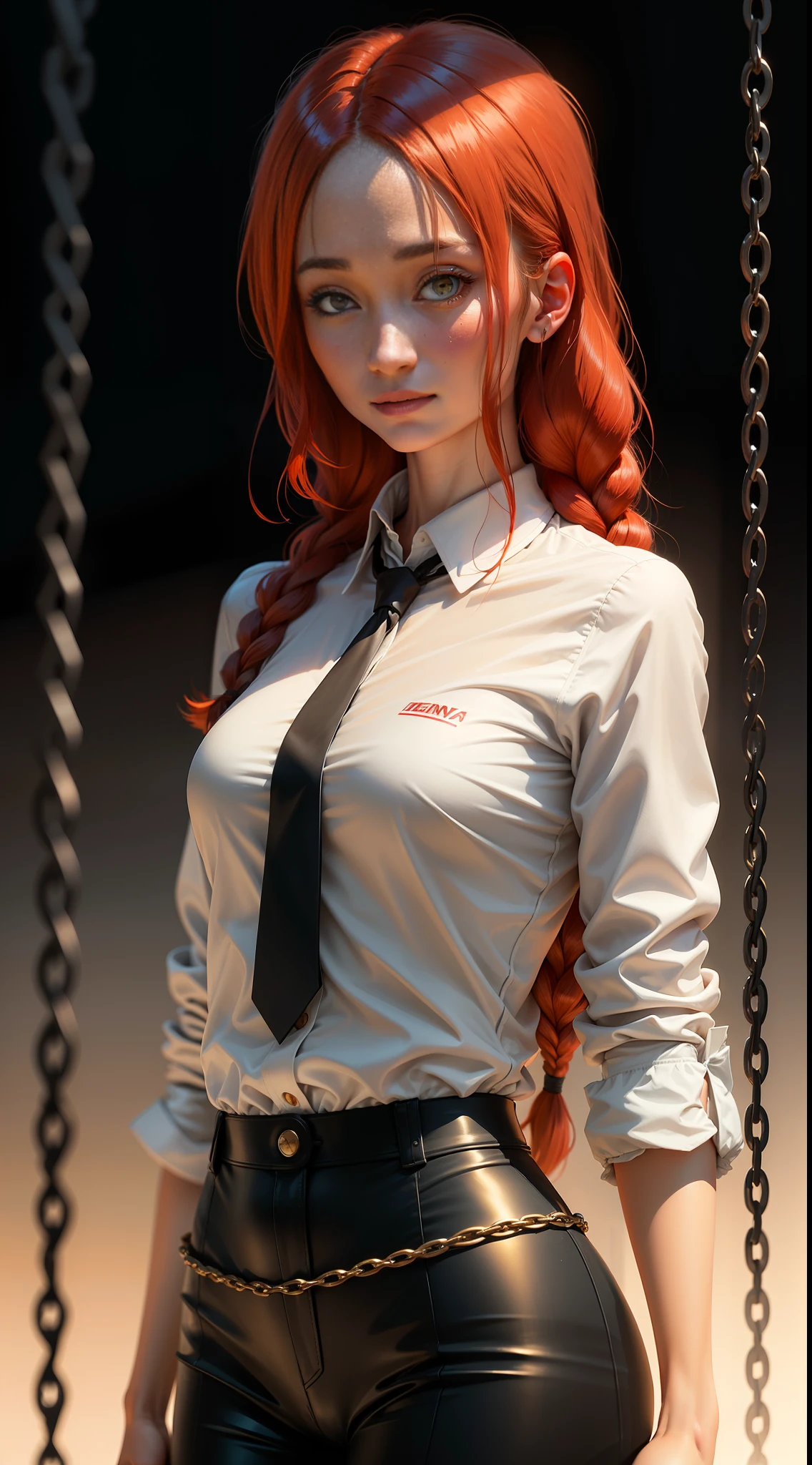 makima with Maggie q\ face (chainsaw man\), best quality, ultra detailed, 1girl, solo, standing, red hair, long braided hair, golden eyes, bangs, medium breasts, white shirt, tie, look, smile, (bad: 1.2), looking at the viewer, (interview: 1.3), (dark background, chains: 1.3), from above, sharp contrast, beautiful detailed eyes, focus, close up shot