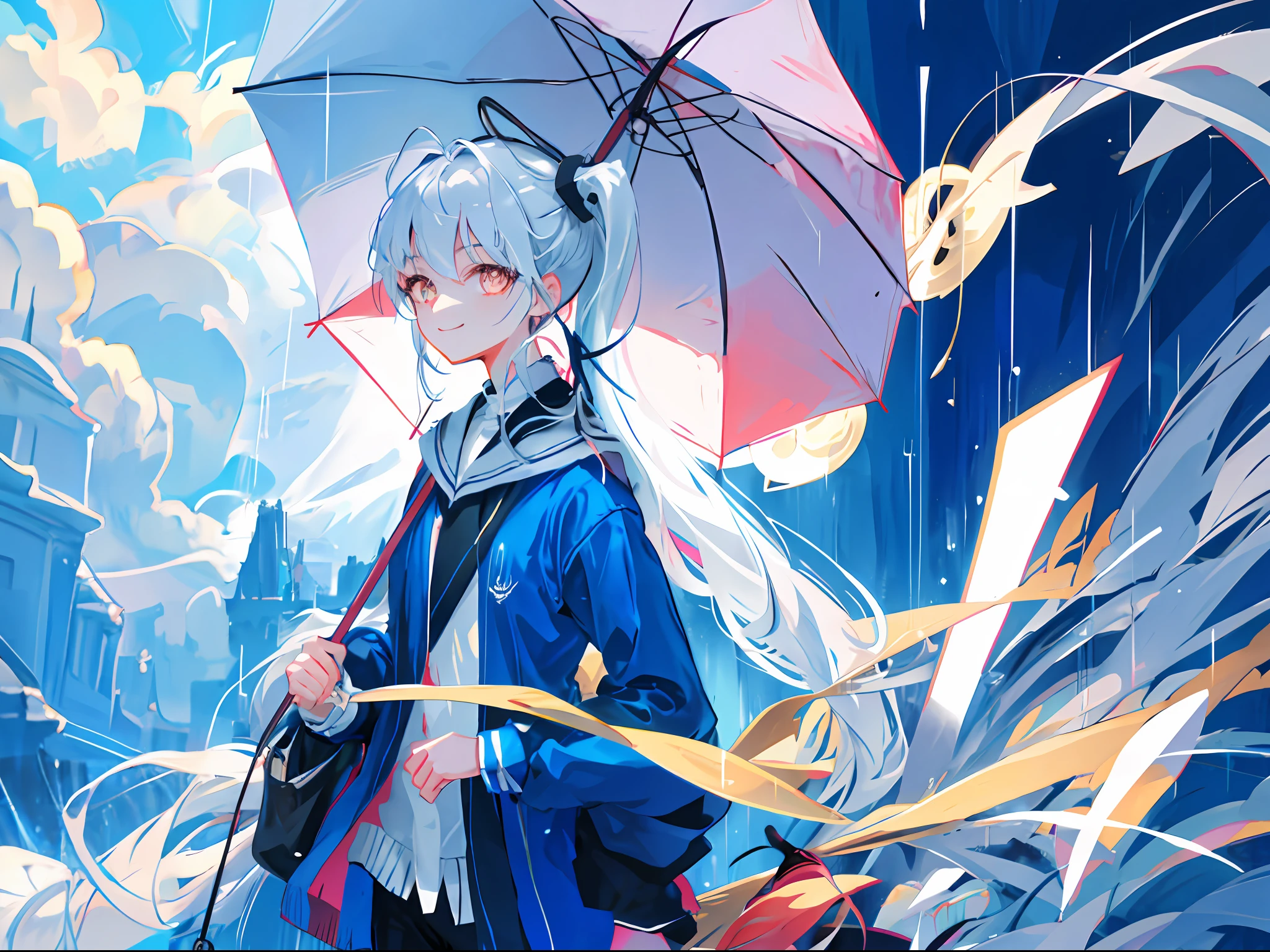 redraw, 1boy, holding an umbrella, rain, ponytail, golden eyes, smile
