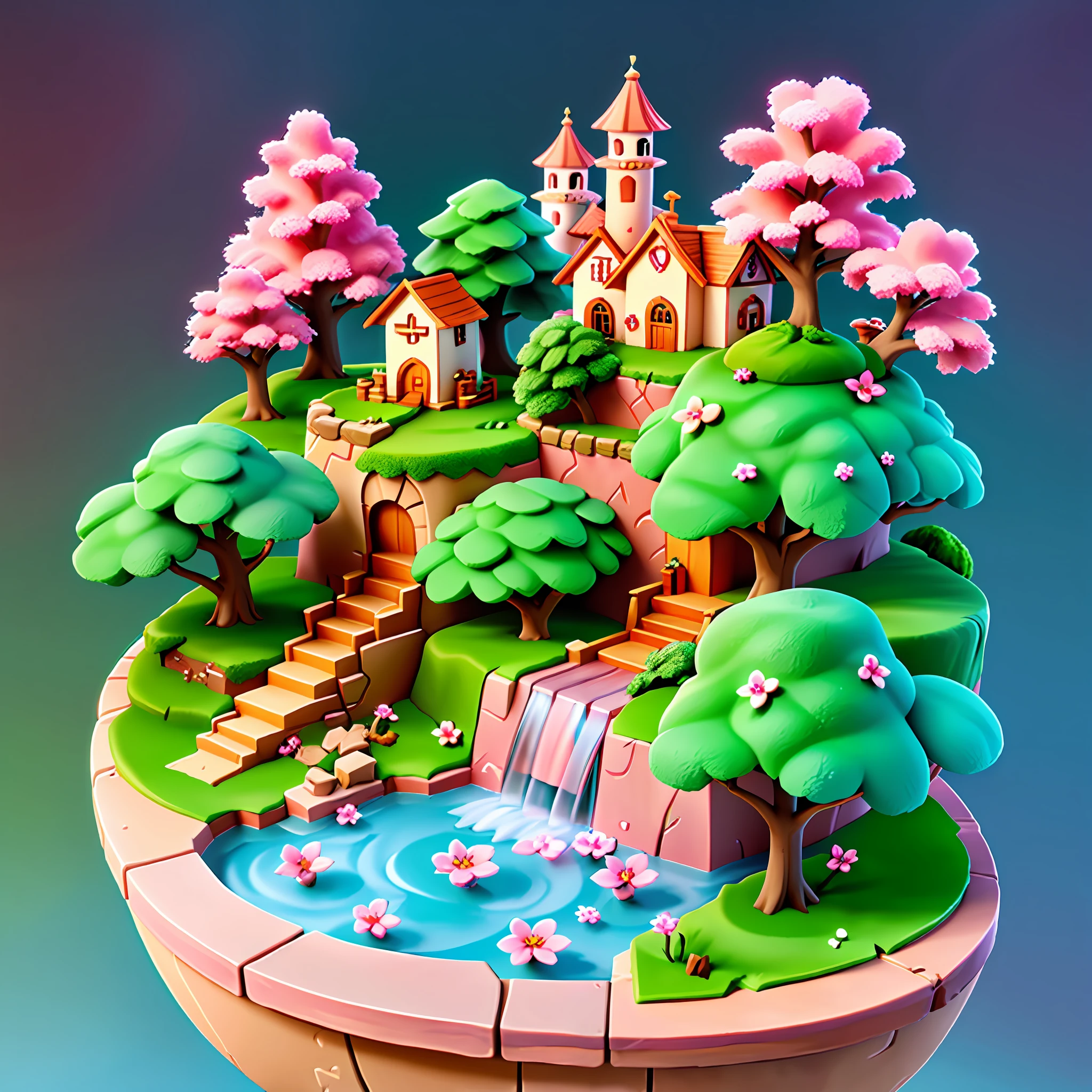 a cute little cherry blossom forest island, matte low poly, isometric, small house, pink waterfalls, mist, lat lighting, soft shadows, trending on artstation, 3d render, monument valley, fez video game,