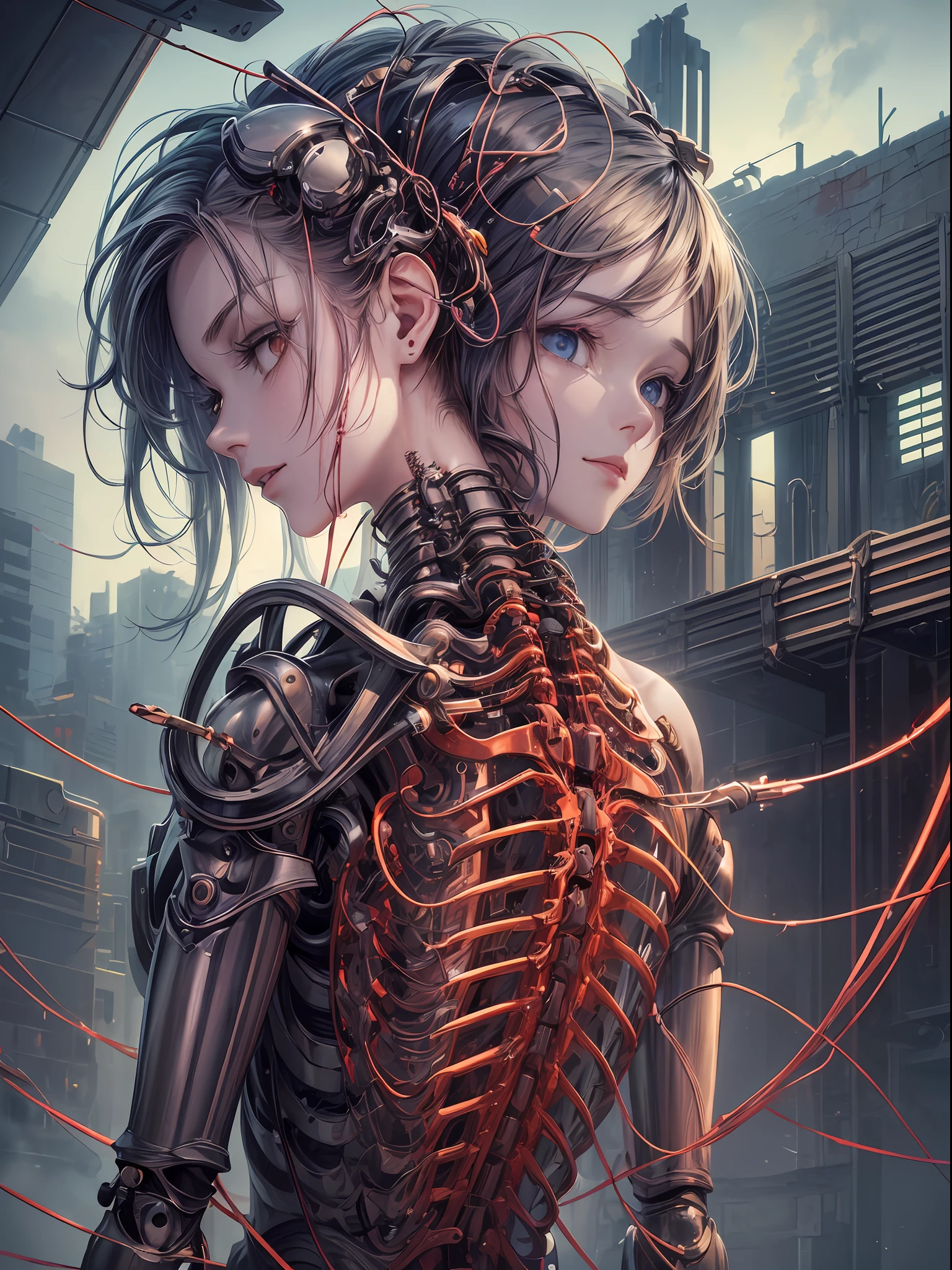 (((masterpiece))), ((best quality)), (ultra-detailed), (CG illustration), (an extremely devious and beautiful)), cinematic light, ((1 mechanical girl)), single, (machine-made joints: 1.4), ((mechanical limbs)), ( blood vessels attached to the tube), ((mechanical spine attached to the back)), ((mechanical cervical vertebrae attached to the neck), ((back to the viewer)), expressionless, (wires and cables attached to the head and body: 1.5), science fiction, apocalypse, ruins