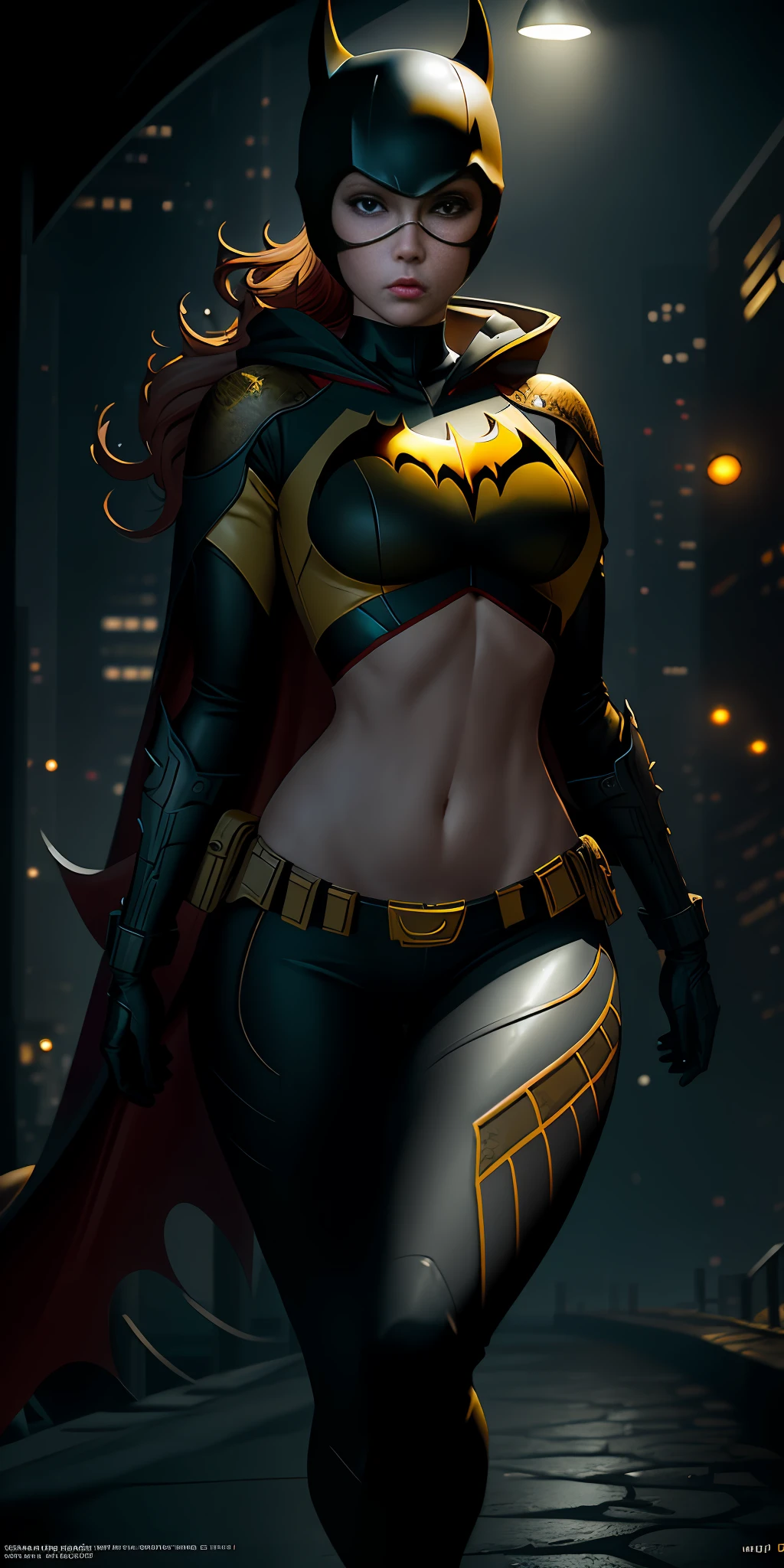 Movie scene, a masterpiece, of a DC Comic Batgirl wearing alternate yellow top, seductive, full body, ((slender body)), natural pose, freedom, soul, digital illustration, dramatic lighting, perfect anatomy, centered, approaching perfection, dynamic, highly detailed, watercolor painting, artstation, concept art, intricate details, highly detailed volumetric lighting, 4K rendering, stock photo, ultra-realistic and realistic textures, dramatic lighting, depth of field, film