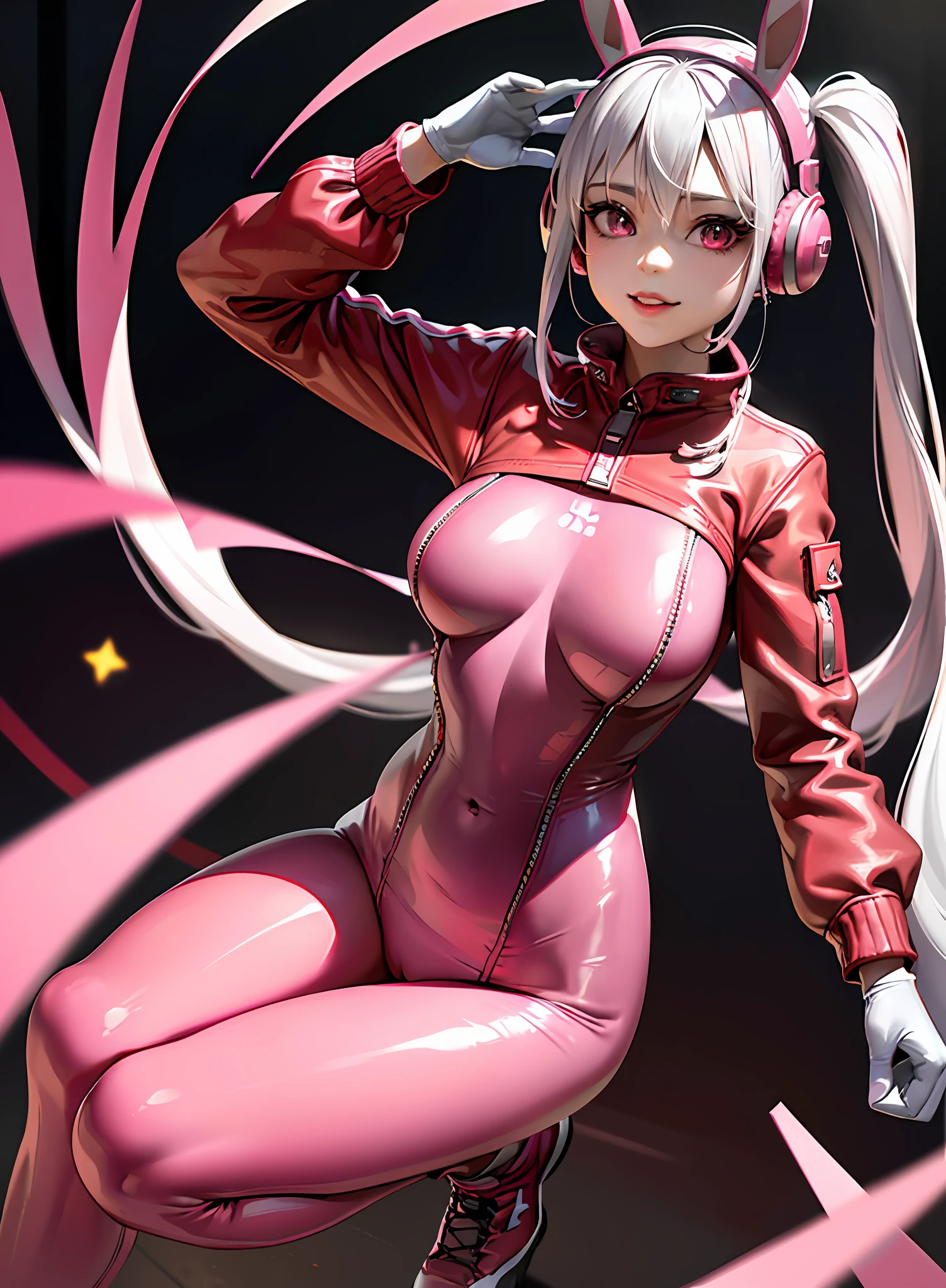 (photorealistic:1.4),best quality, ultra high res,
4k, instagram, 
higly detailed, ((SFW))
alice \(nikke\),(pink full bodysuit:1.3),animal ears, (fake animal ears:1.2), gloves, headphones, headset,
(red jacket:1.5),(latex full bodysuit:1.3),(pink latex bodysuit:1.2), pink eyes,(twintails:1.2),  white gloves, (white hair:1.3),
VirtualGirl-Aim, medium breasts, crystal pendant, smile,
blurry background,