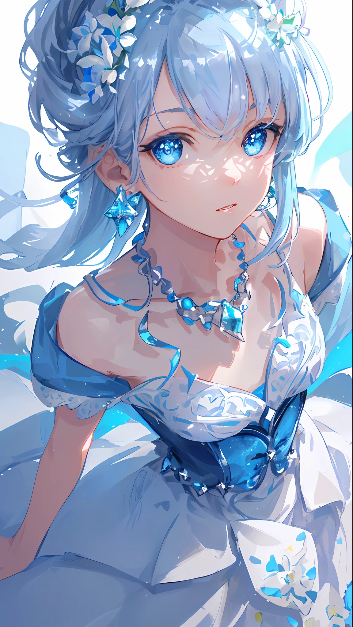 masterpiece, best quality, illustration, sax blue, platinum earrings, platinum necklace, white dress, 1girl, cute, (dynamic lighting:1.2), cinematic lighting, delicate facial features, detailed eyes, sharp pupils, realistic pupils, depth of field, bokeh, sharp focus, (hyper-detailed, bloom, glow:1.4), many small gems