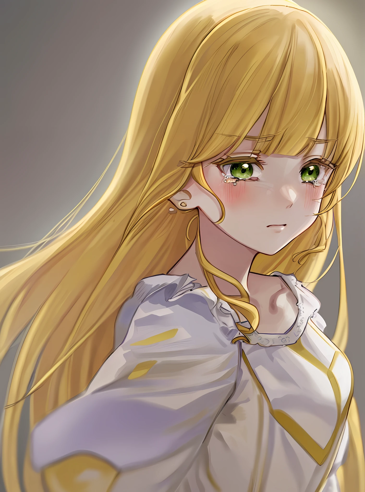 masterpiece, (best quality:1.3), detailed, sumire1, (solo), (yellow hair:1.1), (long hair:1.1), blunt bangs, (green eyes:1.2), (crying:1.2), (tears:1.2), blush, face, (face portrait:1.2), (upper body:1.2), (white dress:1.2), (long sleeve dress:1.2), collarbone, (looking at viewer:1.2), detailed eyes, detailed hair, highres, (simple background:1.3), (white background:1.3), (lighting:1.2), high details