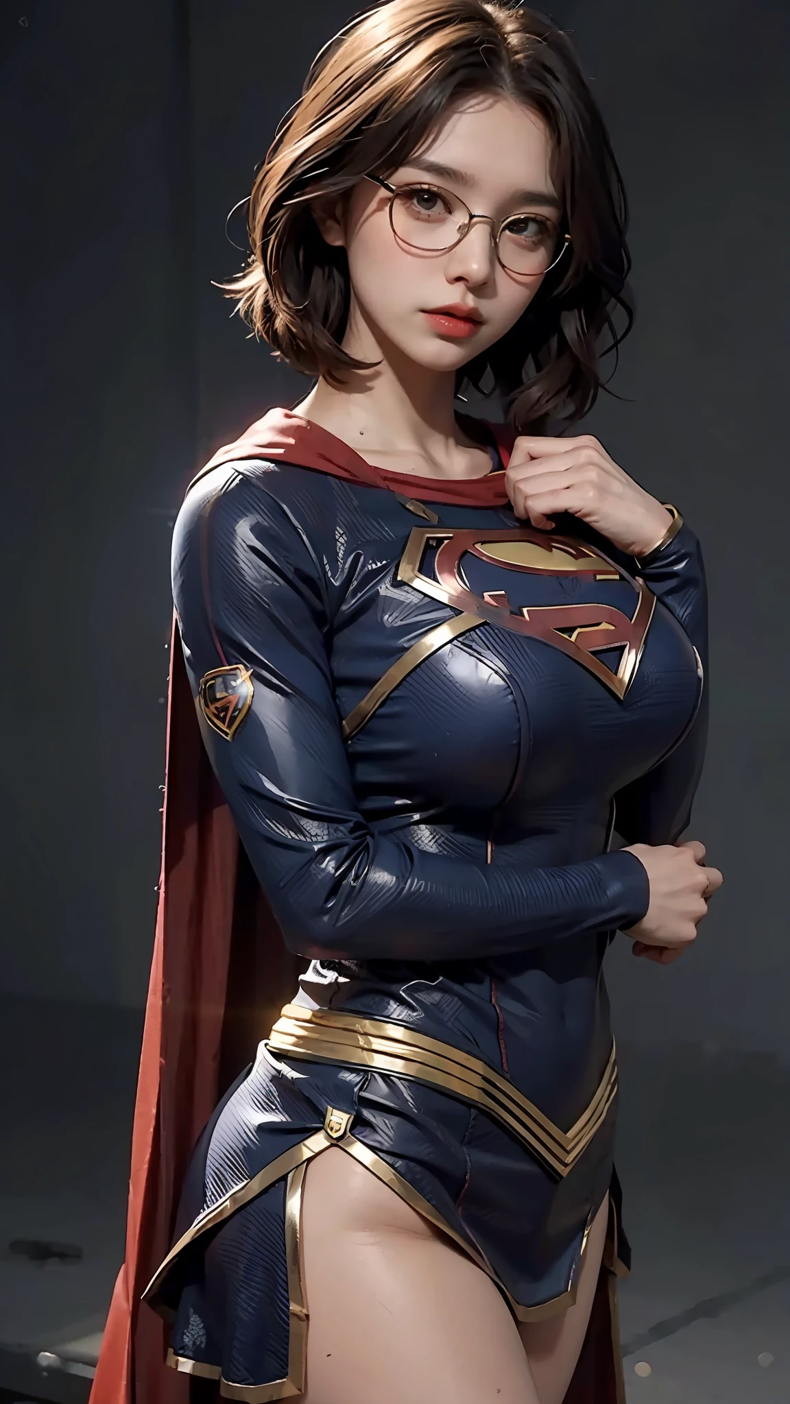 Woman body set big breasts, with glasses. bob hair, Supergirl costume dress
